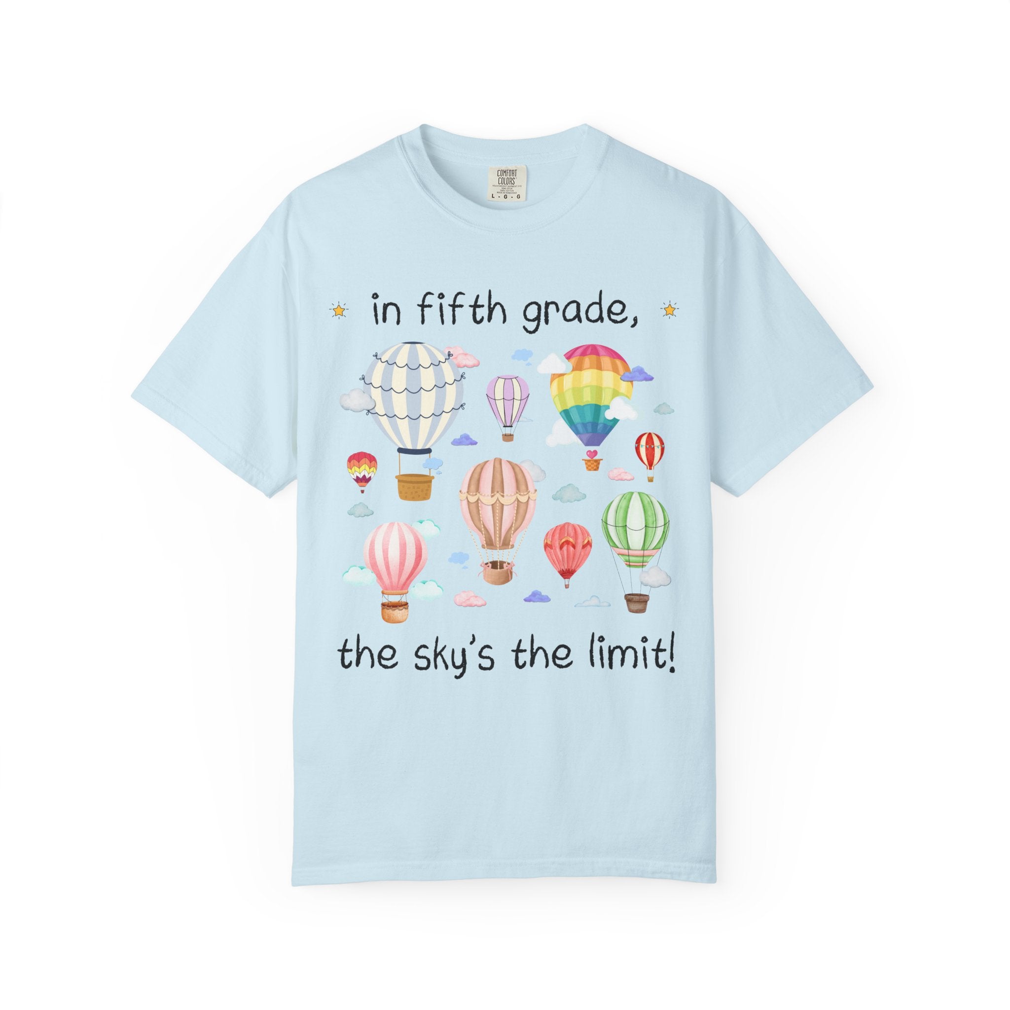 Fifth Grade Teacher T-Shirt with Cute Retro Hot Air Balloons, Uplifting Colorful Maximalist Back to School Matching Teacher Tee with Clouds - Opal and June