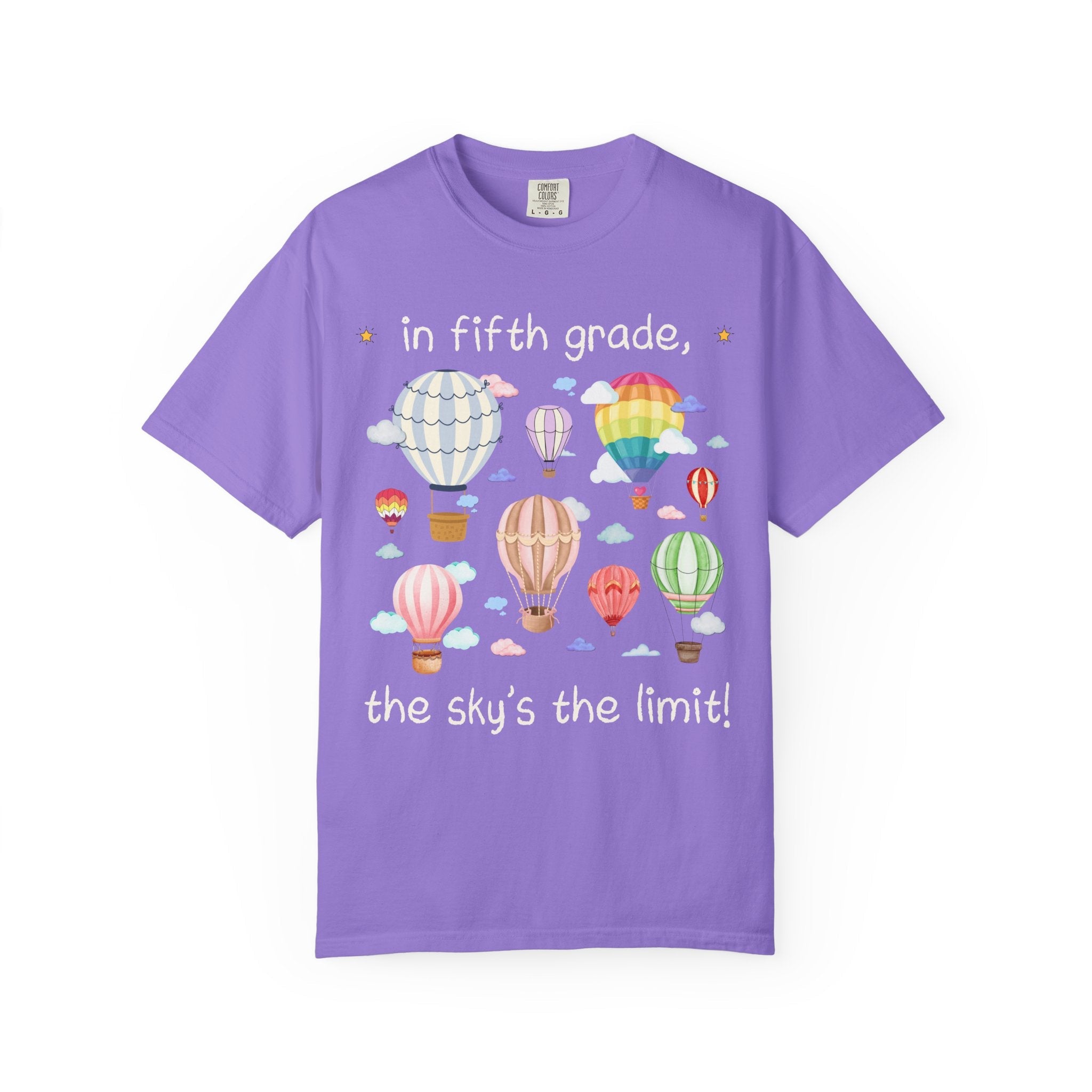 Fifth Grade Teacher T-Shirt with Cute Retro Hot Air Balloons, Uplifting Colorful Maximalist Back to School Matching Teacher Tee with Clouds - Opal and June