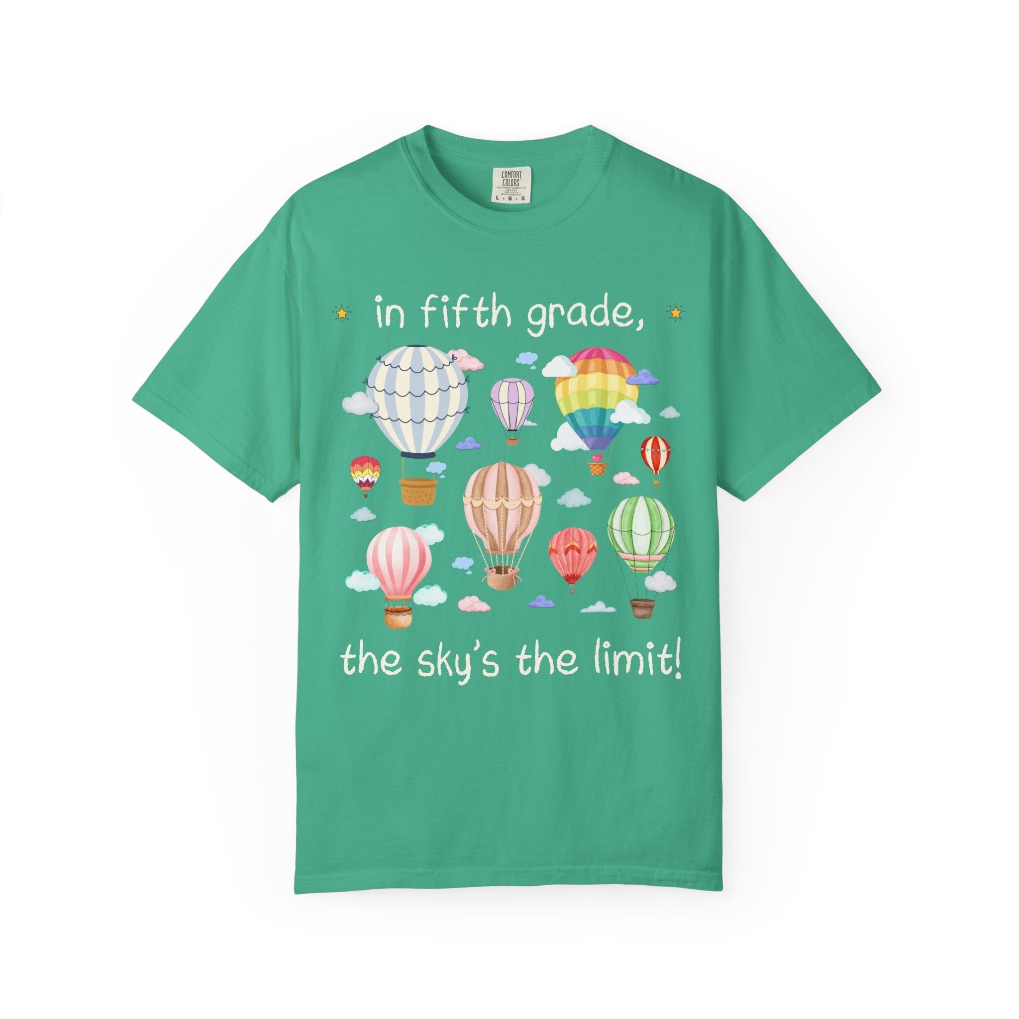 Fifth Grade Teacher T-Shirt with Cute Retro Hot Air Balloons, Uplifting Colorful Maximalist Back to School Matching Teacher Tee with Clouds - Opal and June