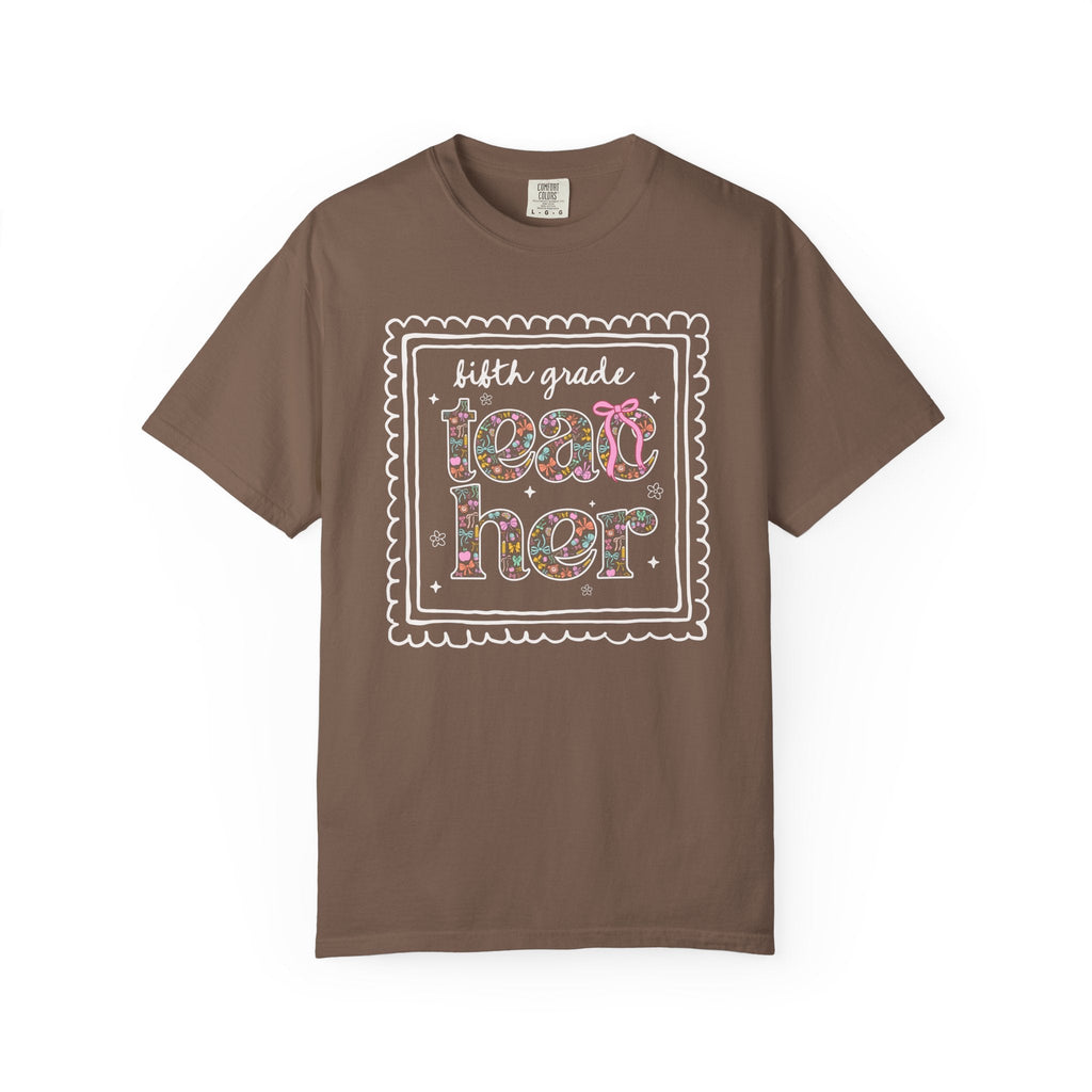 Fifth Grade Teacher Tee Shirt for Back to School, Cute Floral Matching Fifth Grade Crew T-Shirt with Bow, Cute Nineties Aesthetic Doodles - Opal and June
