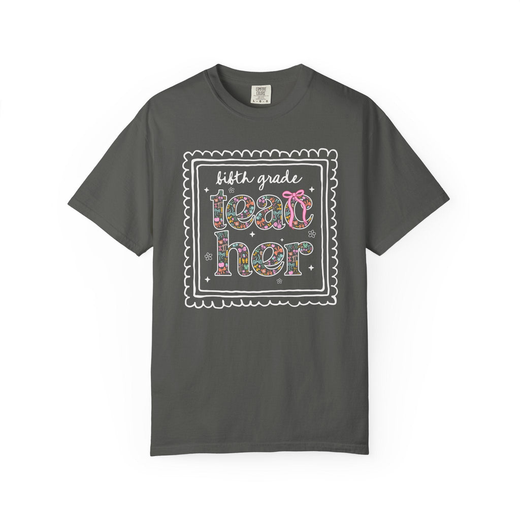 Fifth Grade Teacher Tee Shirt for Back to School, Cute Floral Matching Fifth Grade Crew T-Shirt with Bow, Cute Nineties Aesthetic Doodles - Opal and June