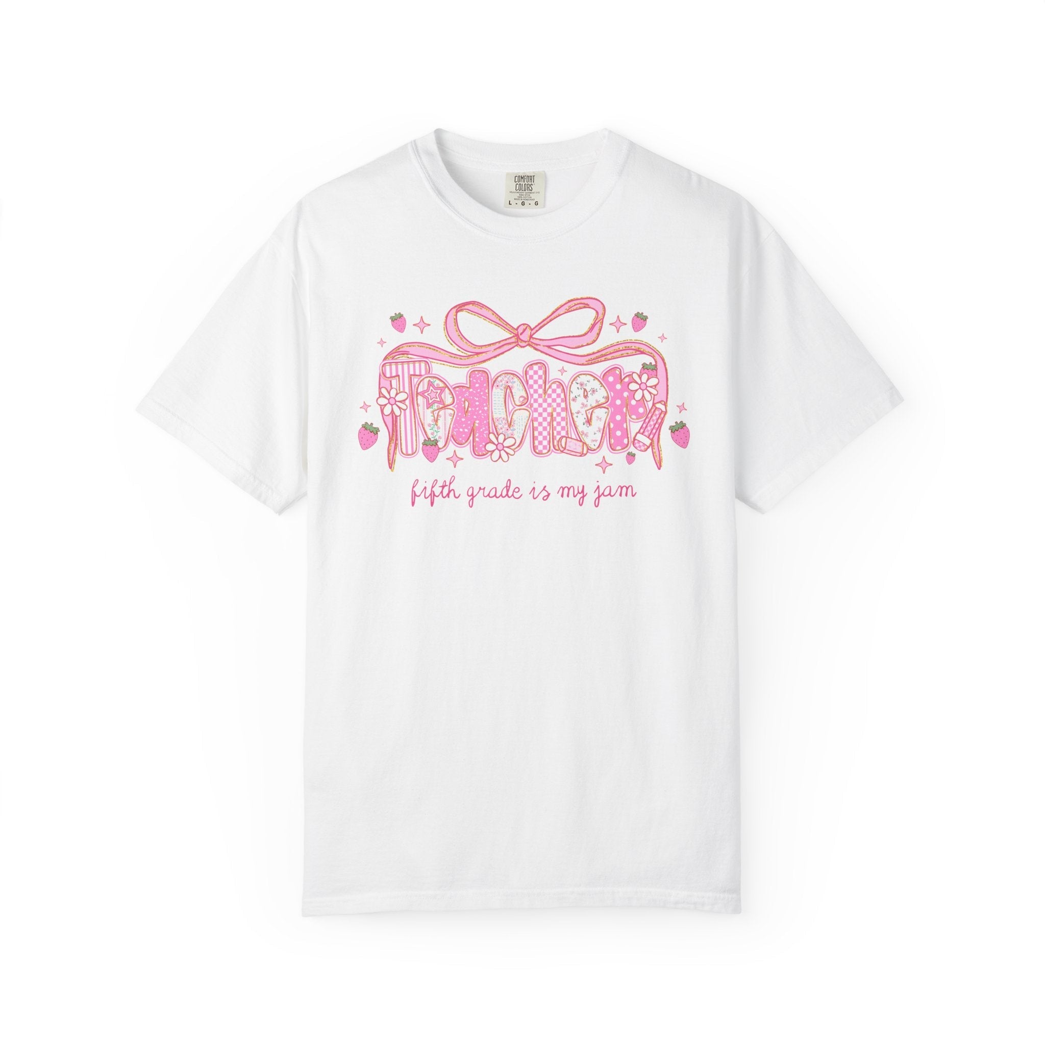 Fifth Grade Teacher Tee Shirt for Fifth Grade Squad or Crew, Floral Boho Strawberry T-Shirt with Messy Coquette Bow, Fruit Lover Teacher - Opal and June