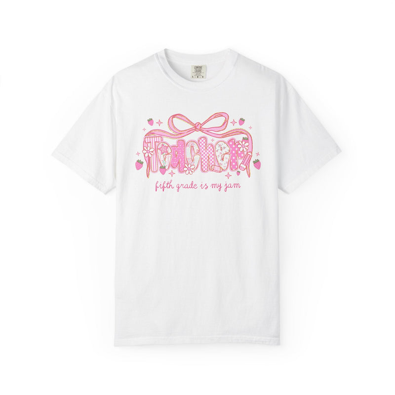 Fifth Grade Teacher Tee Shirt for Fifth Grade Squad or Crew, Floral Boho Strawberry T-Shirt with Messy Coquette Bow, Fruit Lover Teacher - Opal and June