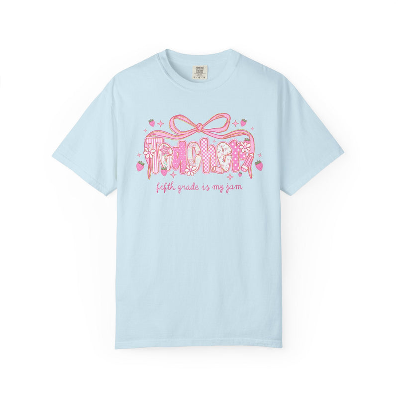Fifth Grade Teacher Tee Shirt for Fifth Grade Squad or Crew, Floral Boho Strawberry T-Shirt with Messy Coquette Bow, Fruit Lover Teacher - Opal and June