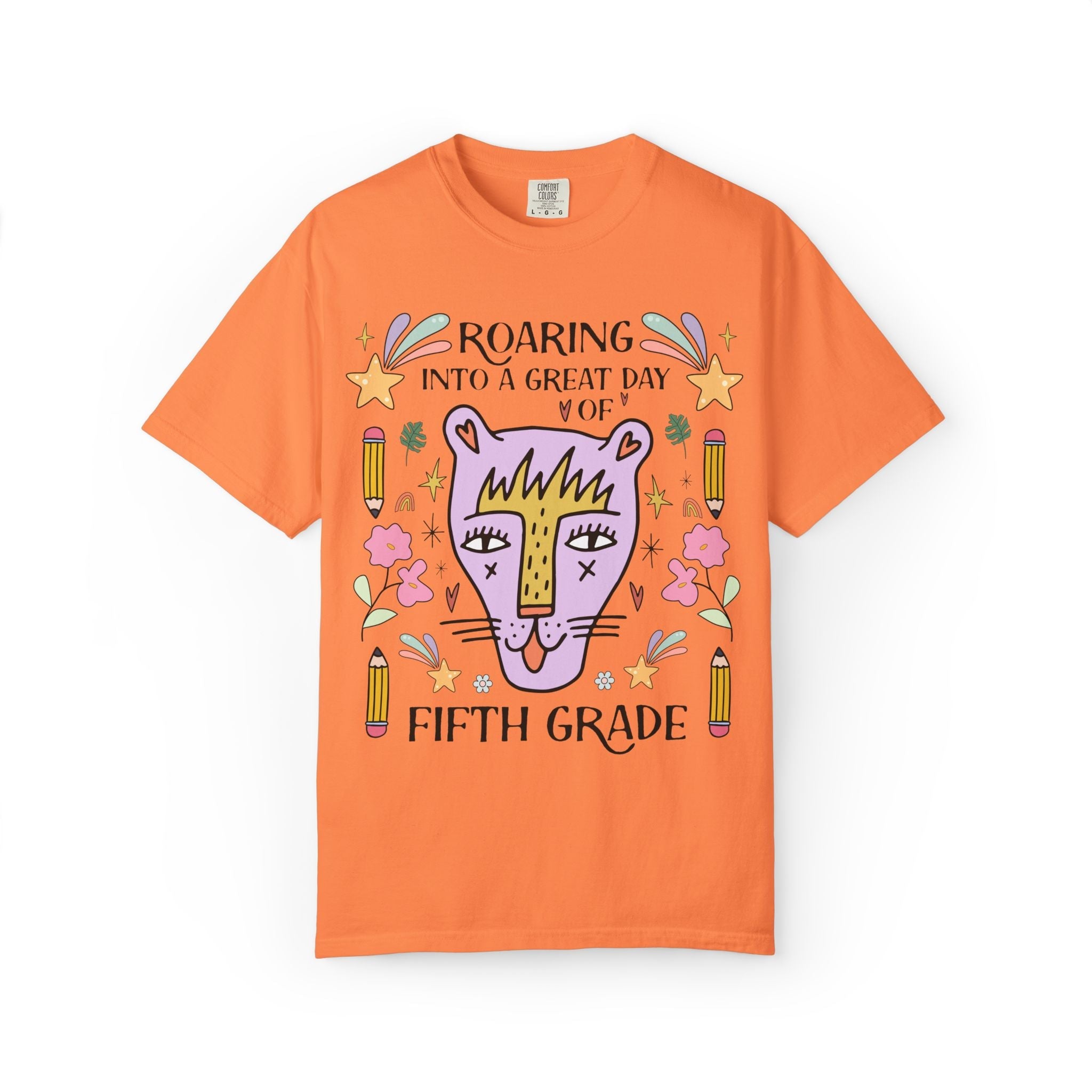 Fifth Grade Teacher Tee Shirt: Roaring Into a Great Day of 5th Grade | Cute Eclectic Matching Teacher or Paraprofessional Tee, Animal Lover - Opal and June