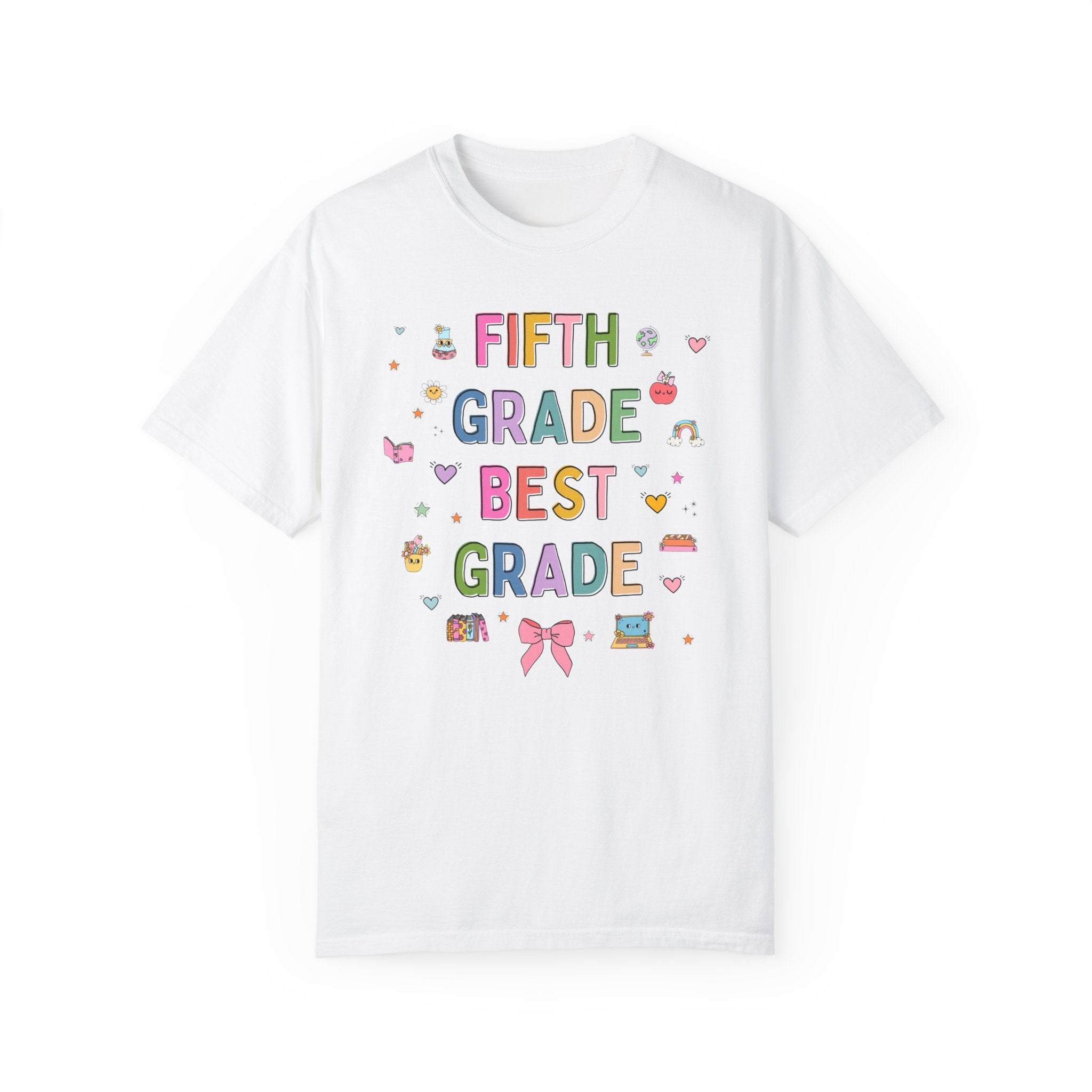 Fifth Grade Teacher Tee Shirt with Cute 90s Aesthetic Doodles, Colorful Matching Teacher T-Shirt for Fifth Grade Crew, New Teacher Present - Opal and June