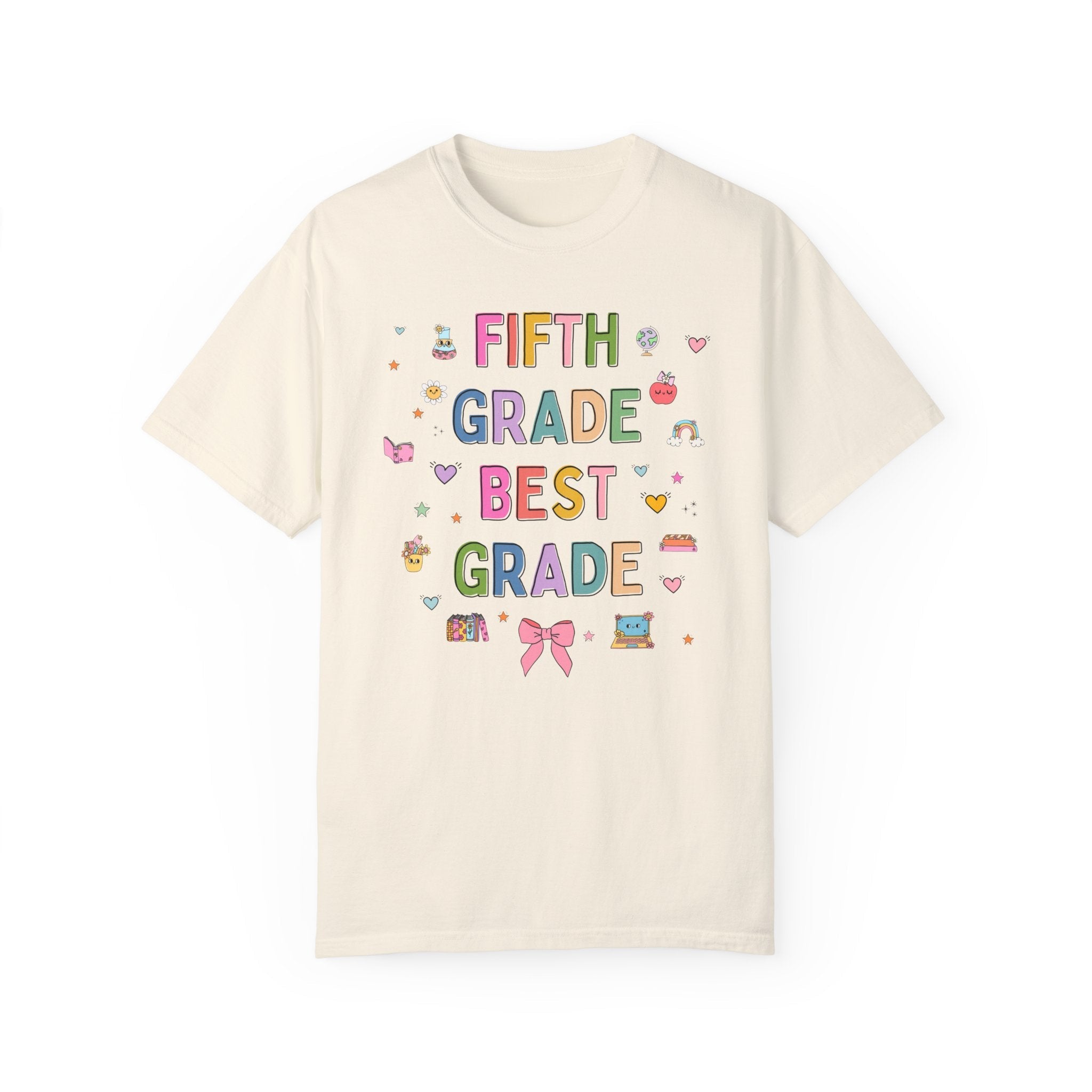 Fifth Grade Teacher Tee Shirt with Cute 90s Aesthetic Doodles, Colorful Matching Teacher T-Shirt for Fifth Grade Crew, New Teacher Present - Opal and June