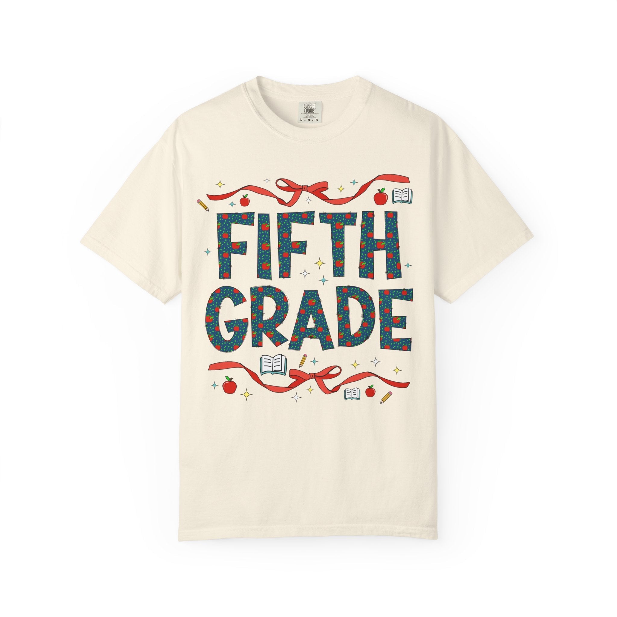 Fifth Grade Teacher Tee Shirt with Cute Bows and Retro Apples, Teacher Team T-Shirt for Back to School, First Day of School Matching Tee - Opal and June