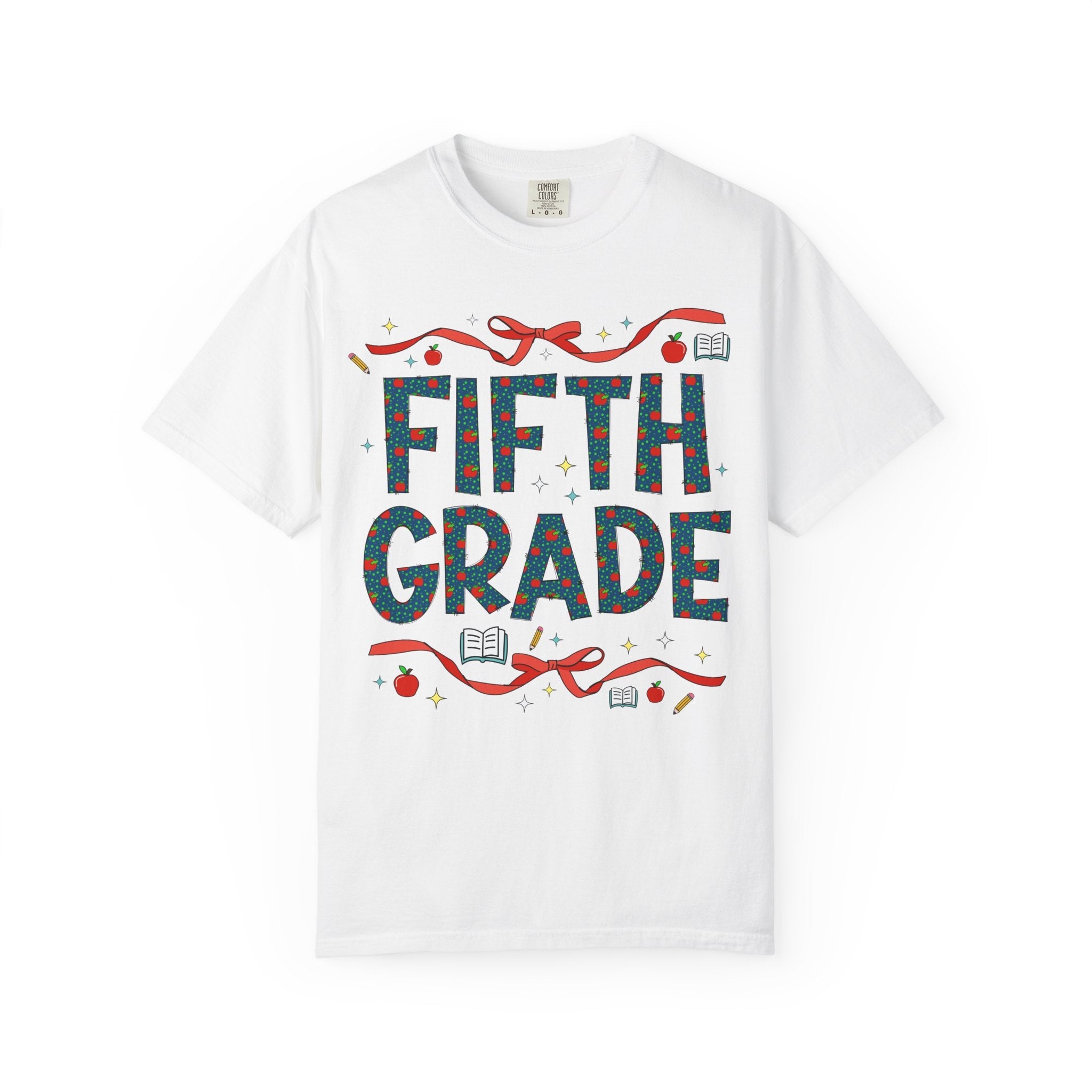 Fifth Grade Teacher Tee Shirt with Cute Bows and Retro Apples, Teacher Team T-Shirt for Back to School, First Day of School Matching Tee - Opal and June