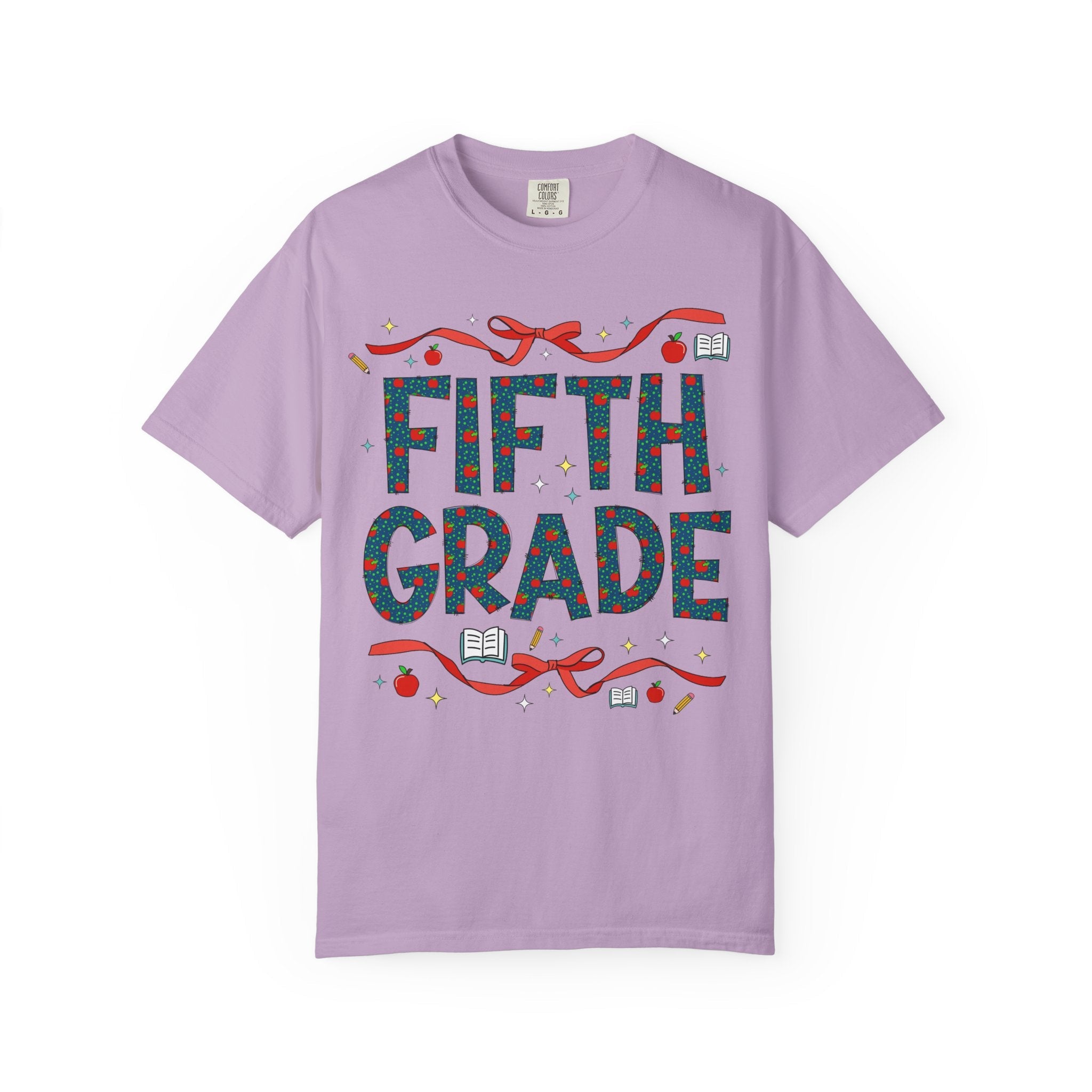 Fifth Grade Teacher Tee Shirt with Cute Bows and Retro Apples, Teacher Team T-Shirt for Back to School, First Day of School Matching Tee - Opal and June