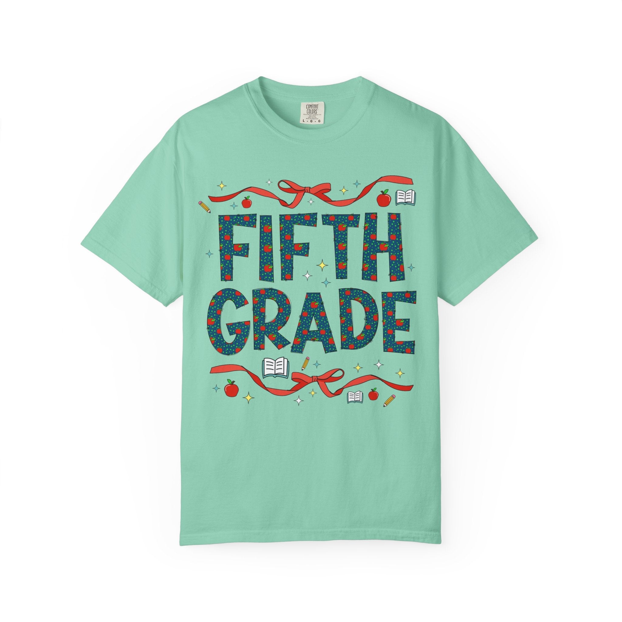 Fifth Grade Teacher Tee Shirt with Cute Bows and Retro Apples, Teacher Team T-Shirt for Back to School, First Day of School Matching Tee - Opal and June