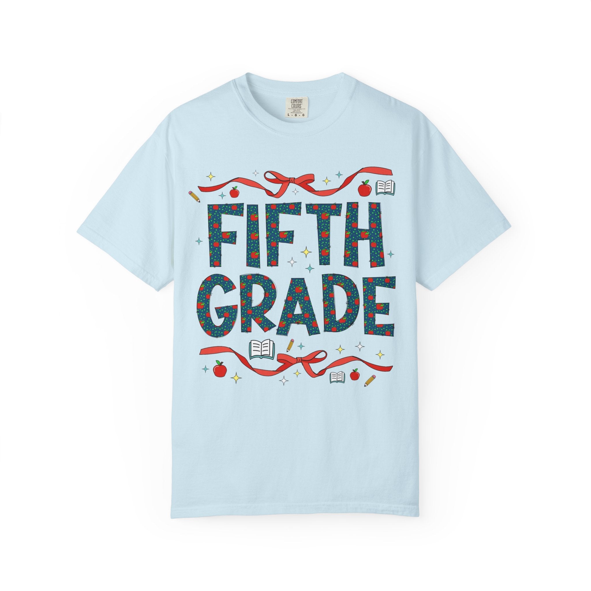 Fifth Grade Teacher Tee Shirt with Cute Bows and Retro Apples, Teacher Team T-Shirt for Back to School, First Day of School Matching Tee - Opal and June