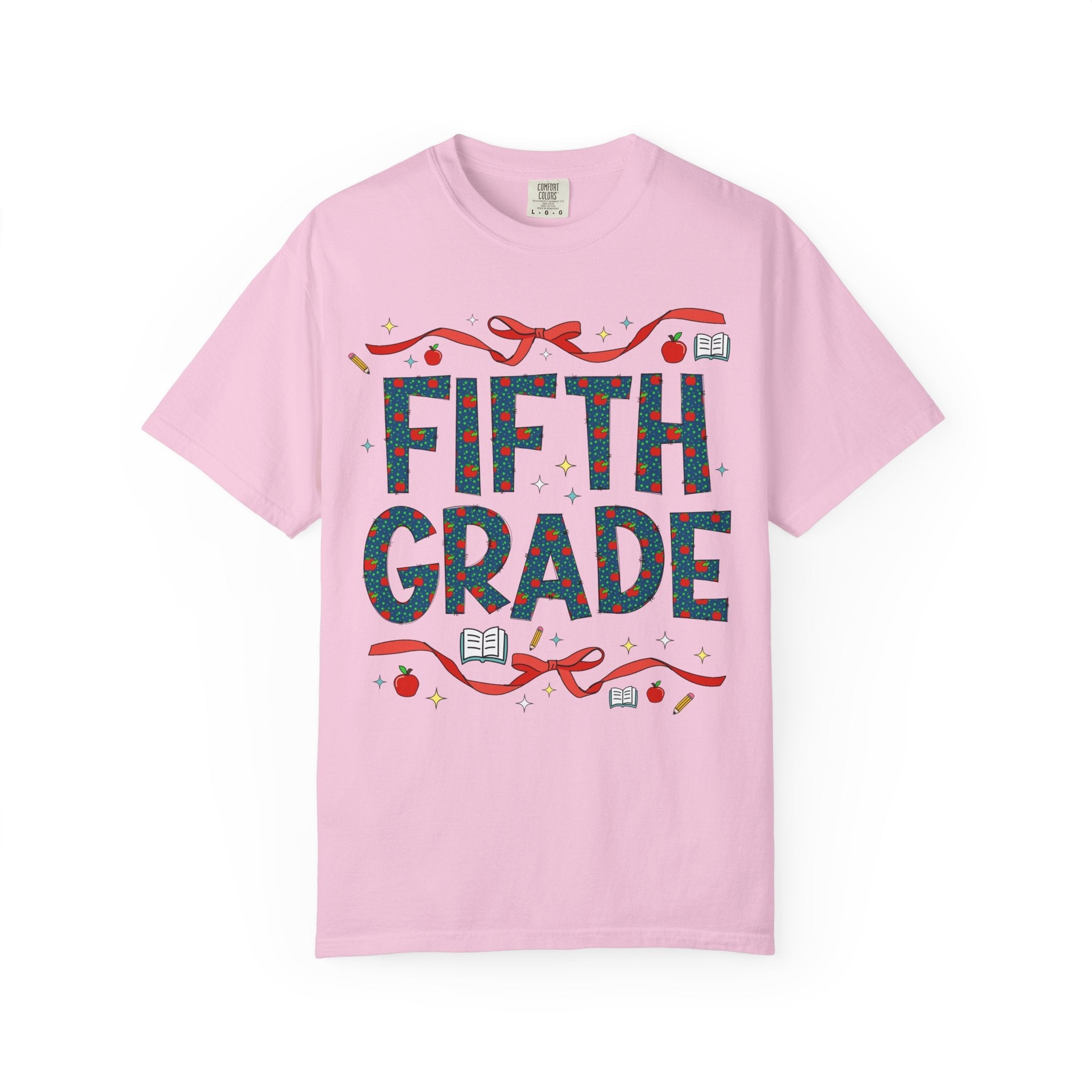 Fifth Grade Teacher Tee Shirt with Cute Bows and Retro Apples, Teacher Team T-Shirt for Back to School, First Day of School Matching Tee - Opal and June