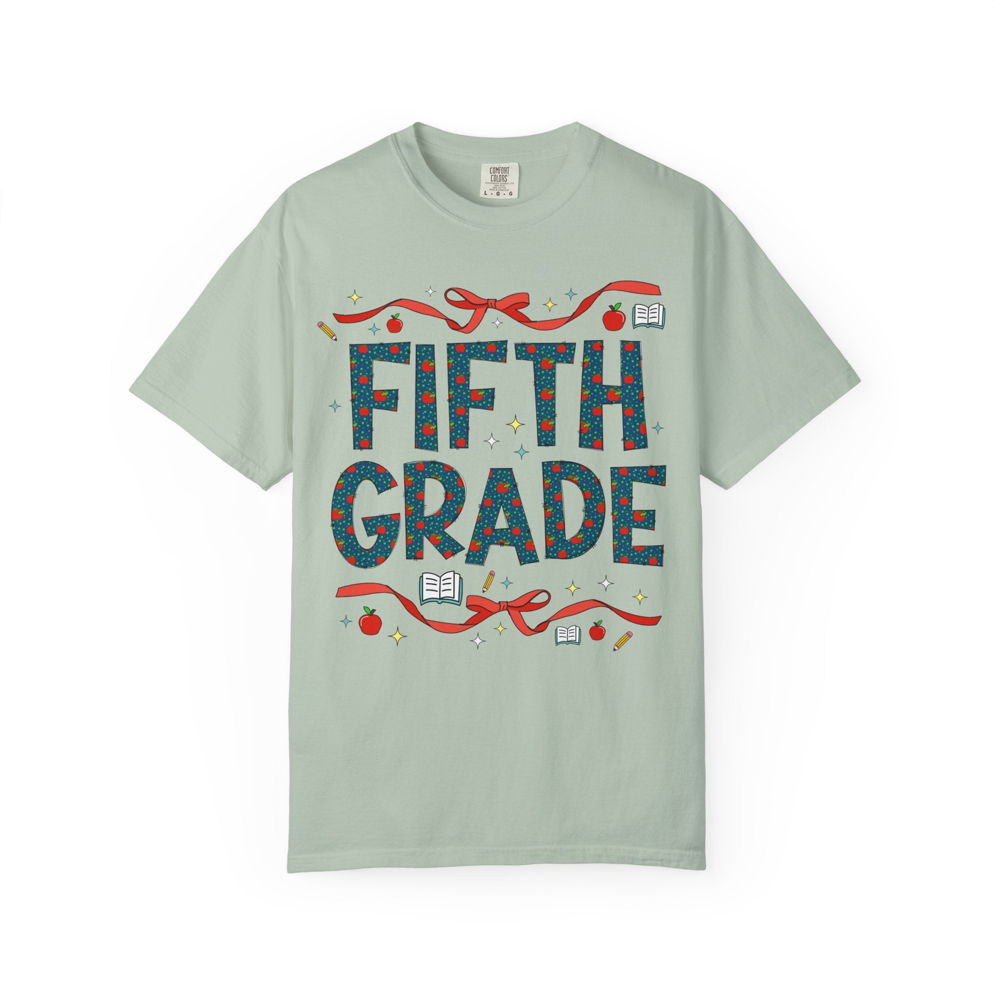 Fifth Grade Teacher Tee Shirt with Cute Bows and Retro Apples, Teacher Team T-Shirt for Back to School, First Day of School Matching Tee - Opal and June