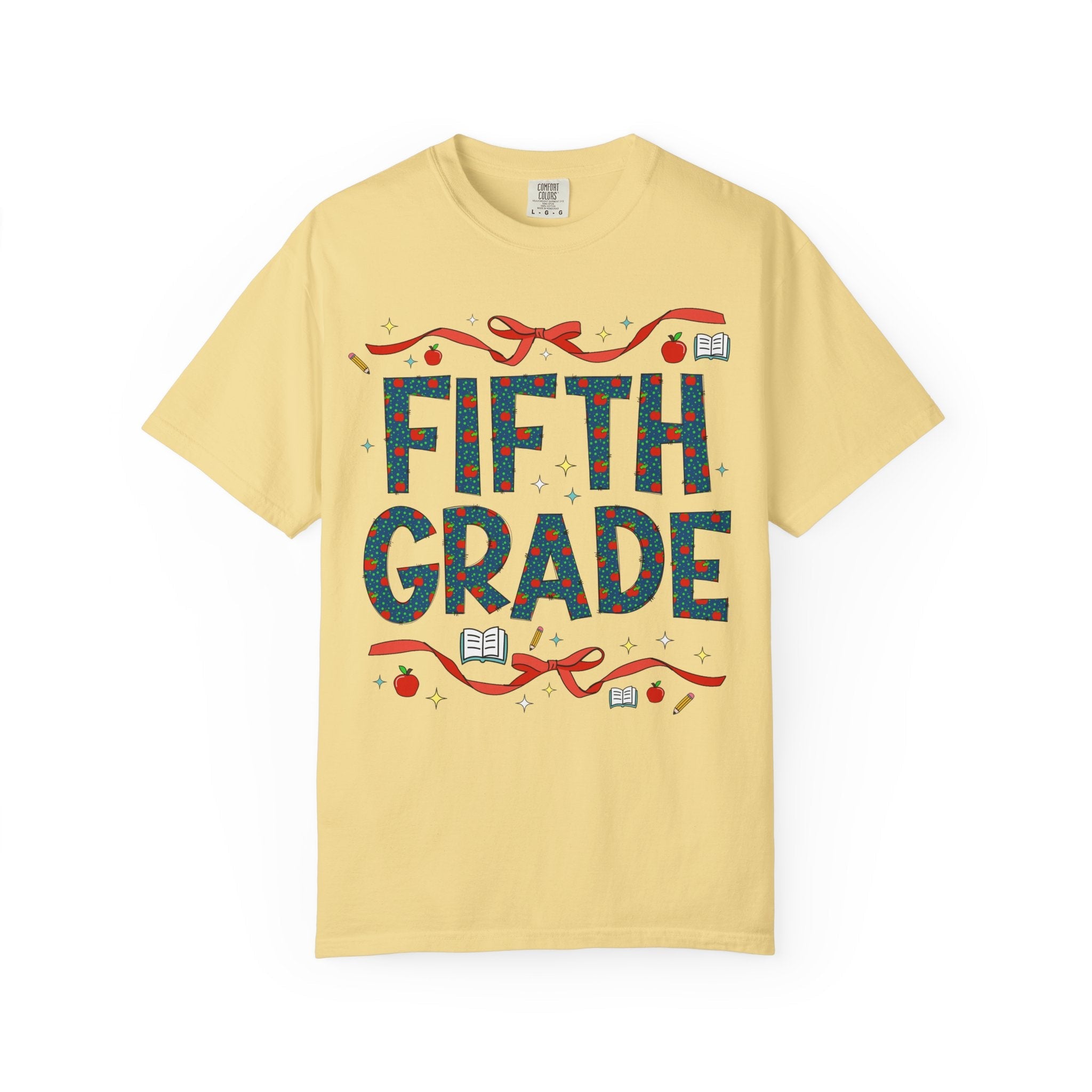 Fifth Grade Teacher Tee Shirt with Cute Bows and Retro Apples, Teacher Team T-Shirt for Back to School, First Day of School Matching Tee - Opal and June