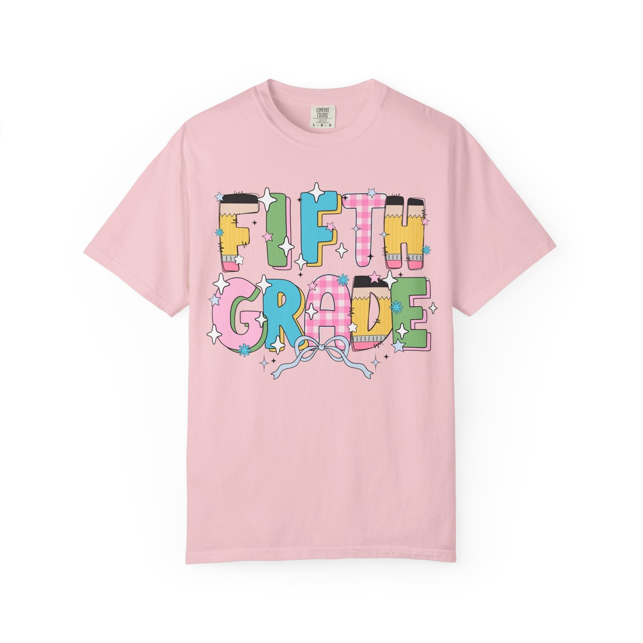 Fifth Grade Teacher Tee Shirt with Pink Gingham and Colorful Pencil Letters, Cute 90s Aesthetic Back to School Teacher T-Shirt with Stars - Opal and June