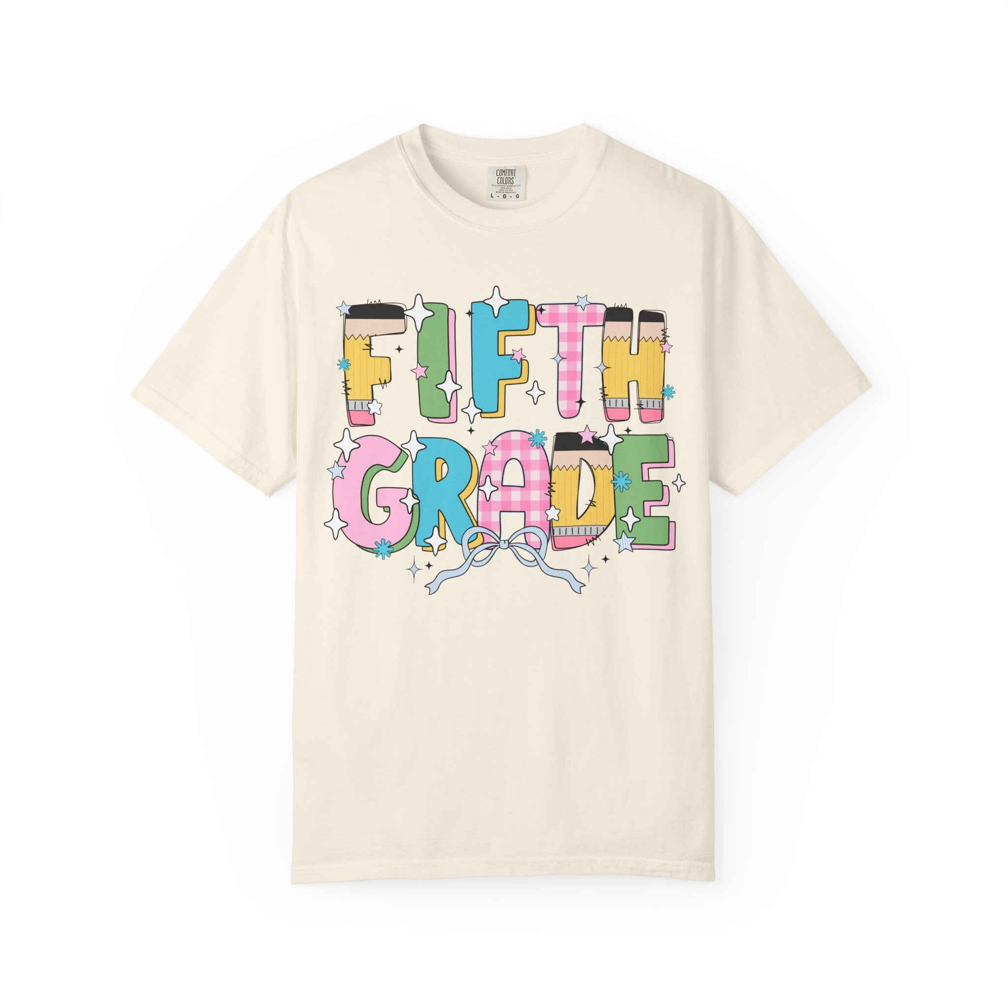 Fifth Grade Teacher Tee Shirt with Pink Gingham and Colorful Pencil Letters, Cute 90s Aesthetic Back to School Teacher T-Shirt with Stars - Opal and June