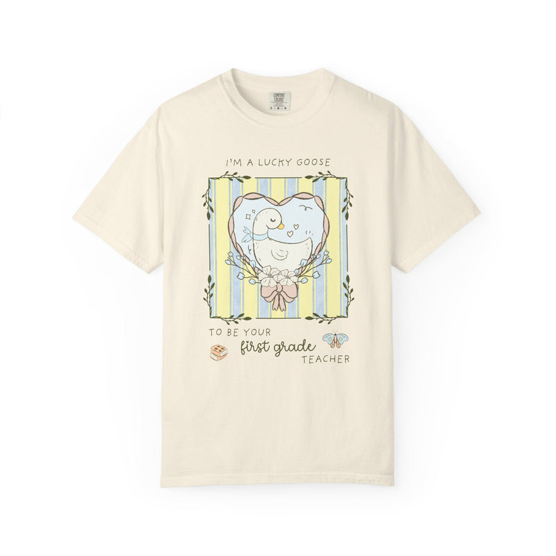 First Grade Back to School Silly Goose Teacher Tee Shirt with Heart, Cute Cottagecore Animal Lover Tee for Meet the Teacher Night, 1st Grade - Opal and June