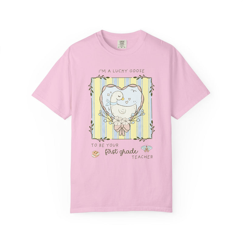 First Grade Back to School Silly Goose Teacher Tee Shirt with Heart, Cute Cottagecore Animal Lover Tee for Meet the Teacher Night, 1st Grade - Opal and June
