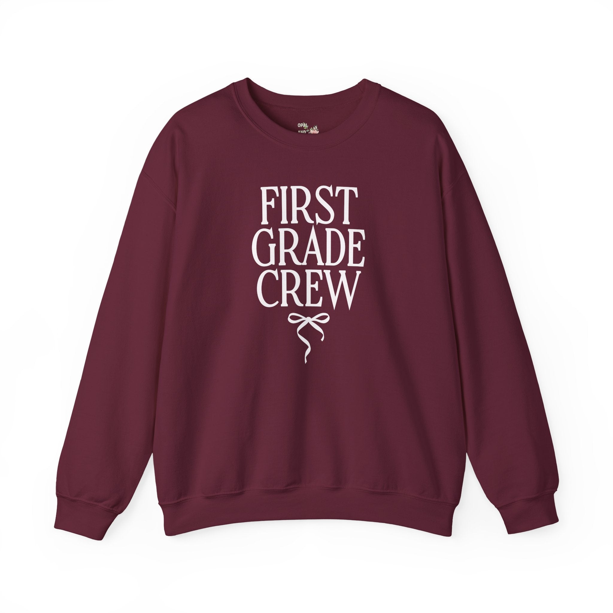 First Grade Crew Matching Teacher Sweatshirt with Messy Coquette Bow, Colorful First Grade Teacher Shirt, Back to School, Meet the Teacher - Opal and June