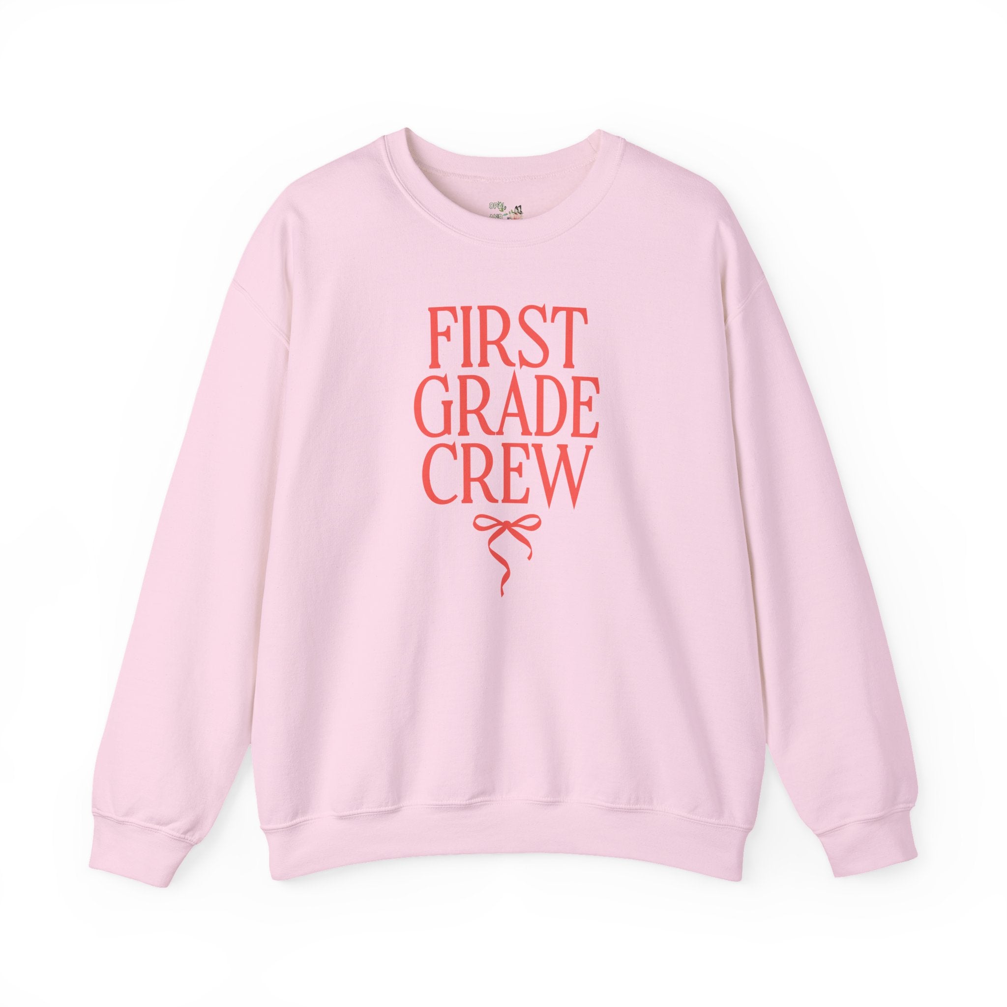 First Grade Crew Matching Teacher Sweatshirt with Messy Coquette Bow, Colorful First Grade Teacher Shirt, Back to School, Meet the Teacher - Opal and June