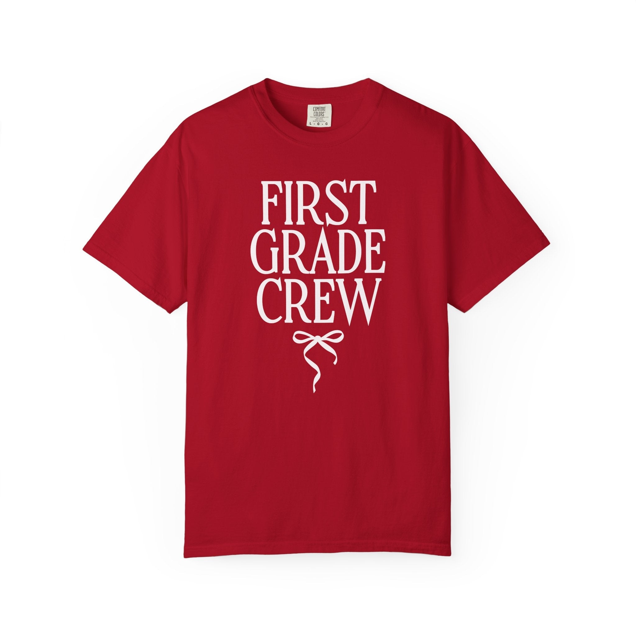 First Grade Crew Matching Teacher Tee Shirt with Messy Coquette Bow, Colorful First Grade Teacher Tee for Back to School, Meet the Teacher - Opal and June