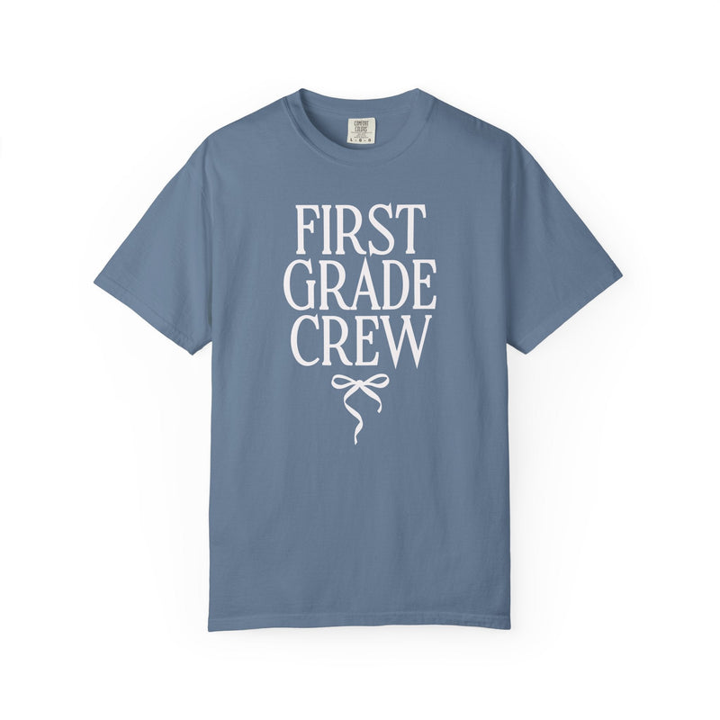 First Grade Crew Matching Teacher Tee Shirt with Messy Coquette Bow, Colorful First Grade Teacher Tee for Back to School, Meet the Teacher - Opal and June
