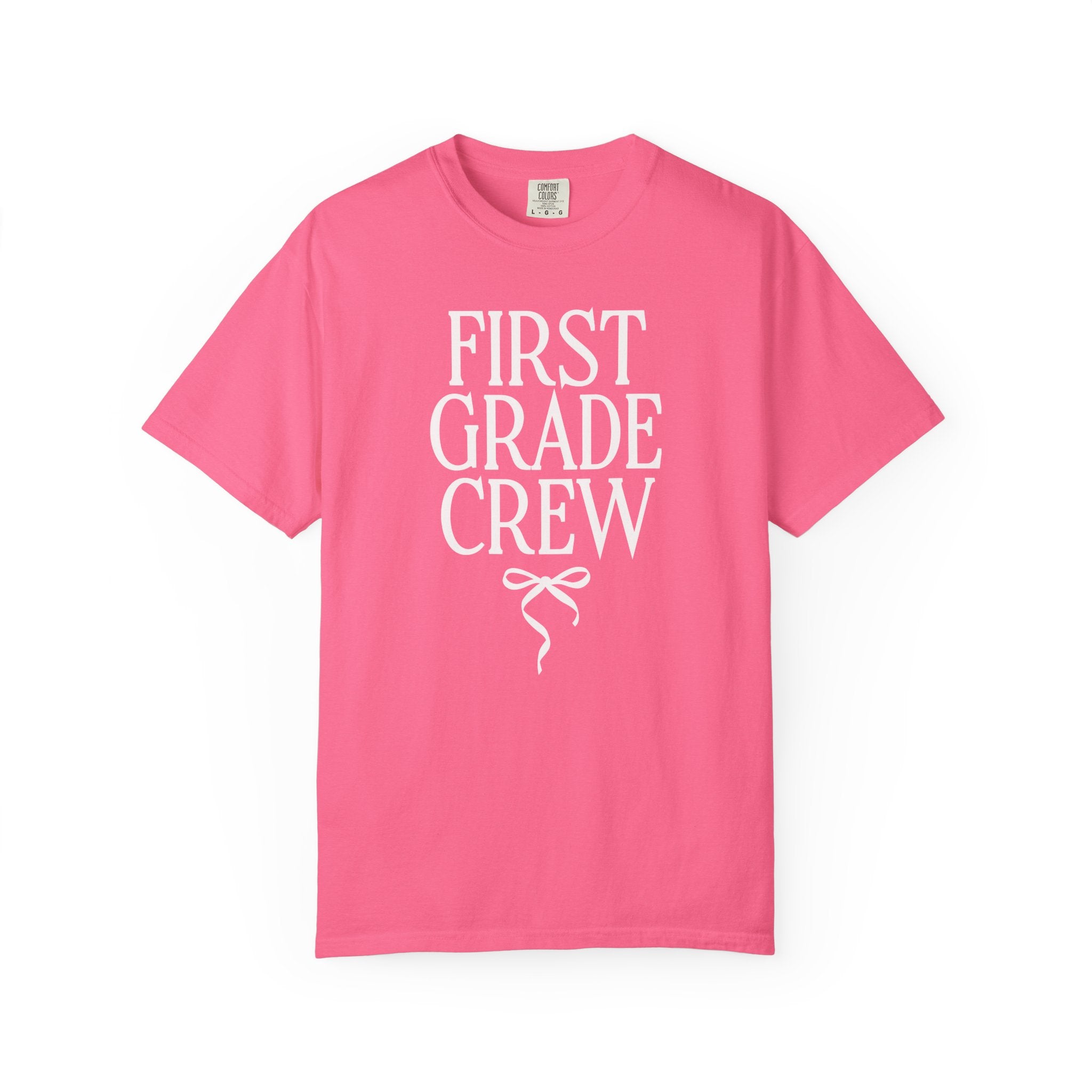First Grade Crew Matching Teacher Tee Shirt with Messy Coquette Bow, Colorful First Grade Teacher Tee for Back to School, Meet the Teacher - Opal and June