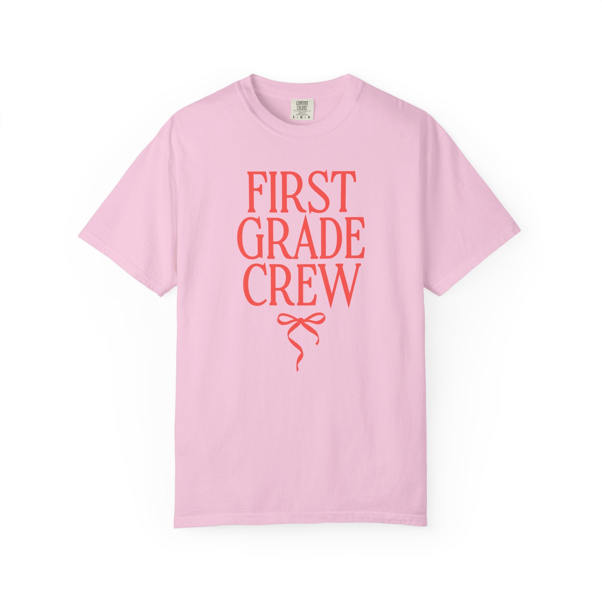 First Grade Crew Matching Teacher Tee Shirt with Messy Coquette Bow, Colorful First Grade Teacher Tee for Back to School, Meet the Teacher - Opal and June