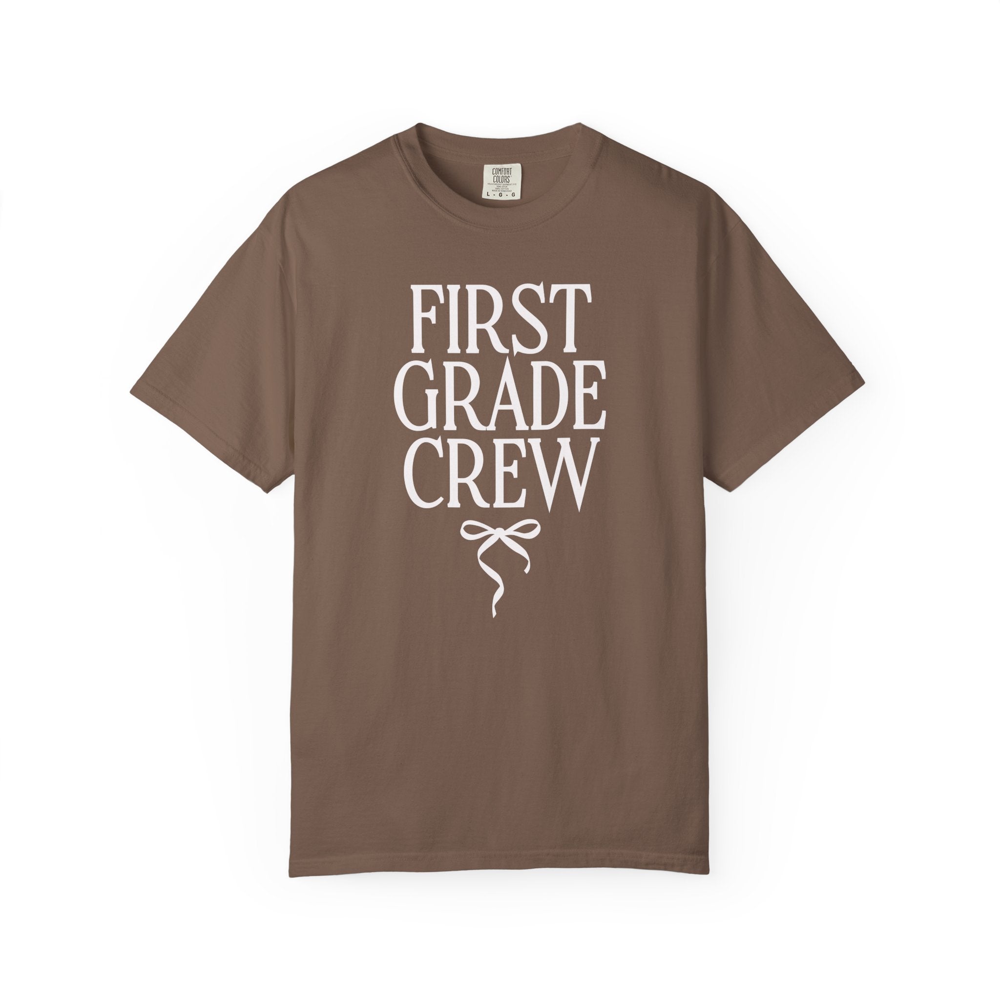 First Grade Crew Matching Teacher Tee Shirt with Messy Coquette Bow, Colorful First Grade Teacher Tee for Back to School, Meet the Teacher - Opal and June