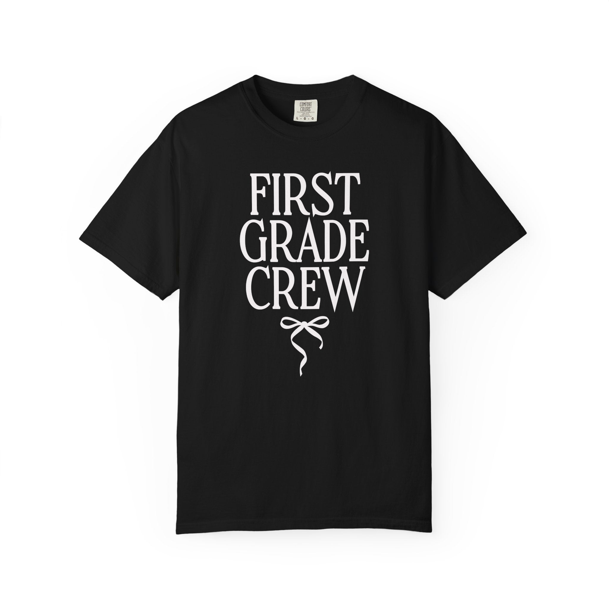 First Grade Crew Matching Teacher Tee Shirt with Messy Coquette Bow, Colorful First Grade Teacher Tee for Back to School, Meet the Teacher - Opal and June