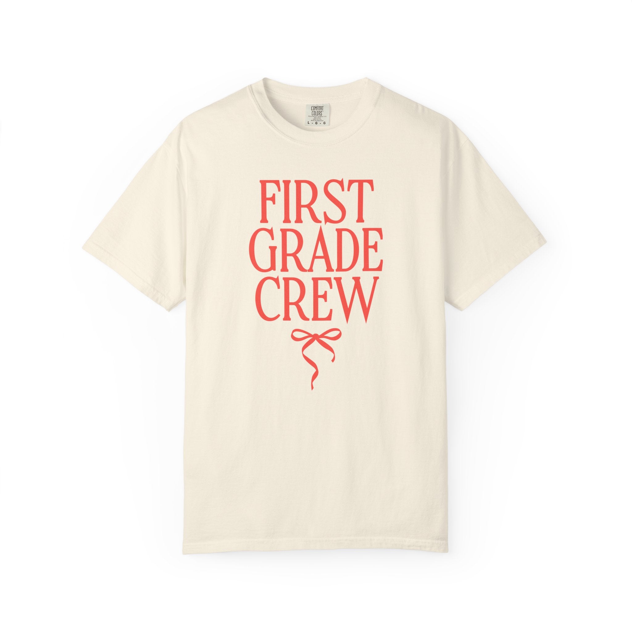 First Grade Crew Matching Teacher Tee Shirt with Messy Coquette Bow, Colorful First Grade Teacher Tee for Back to School, Meet the Teacher - Opal and June