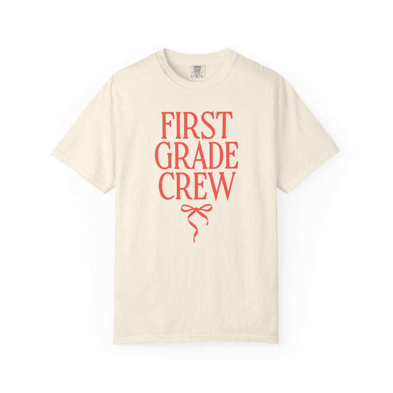 First Grade Crew Matching Teacher Tee Shirt with Messy Coquette Bow, Colorful First Grade Teacher Tee for Back to School, Meet the Teacher - Opal and June