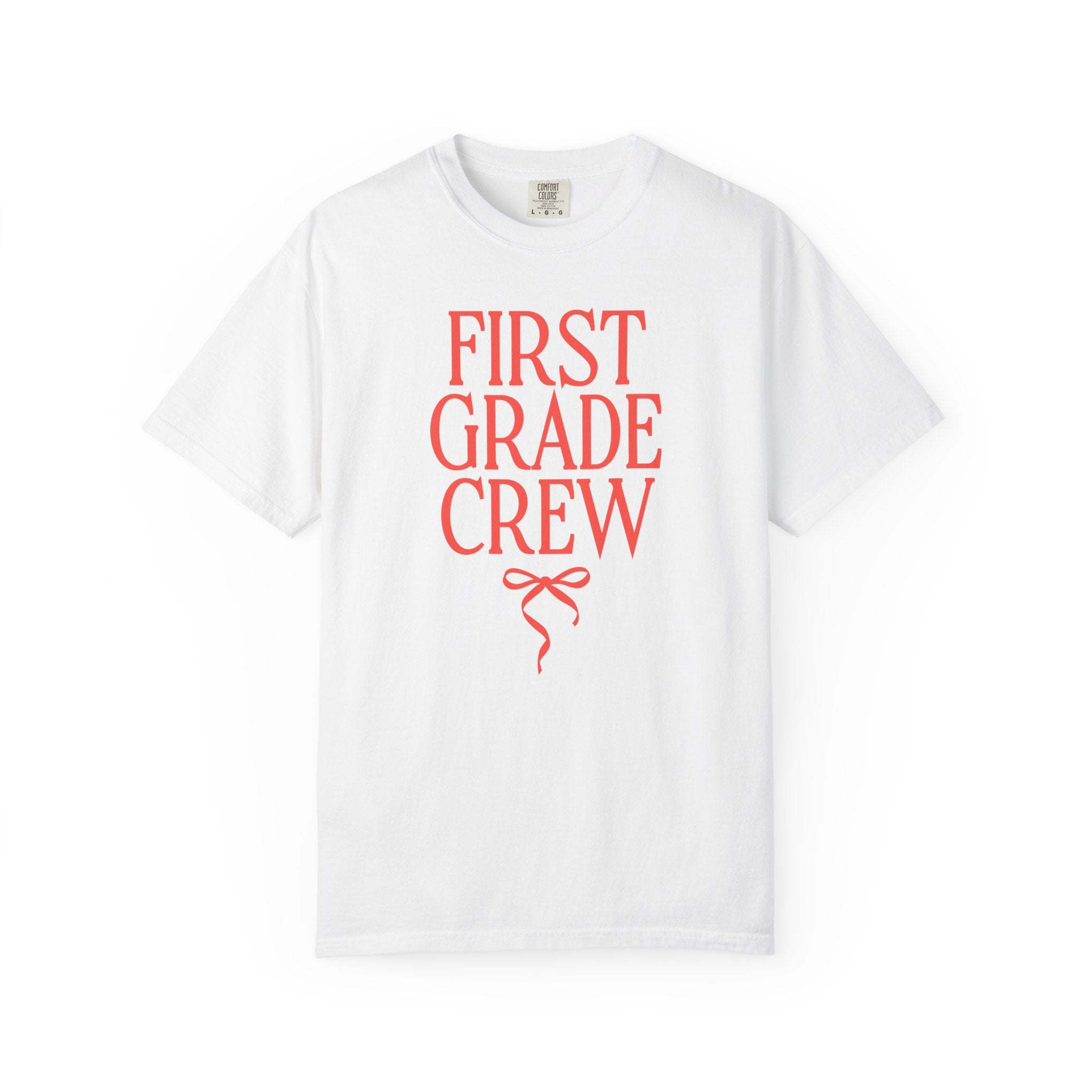 First Grade Crew Matching Teacher Tee Shirt with Messy Coquette Bow, Colorful First Grade Teacher Tee for Back to School, Meet the Teacher - Opal and June