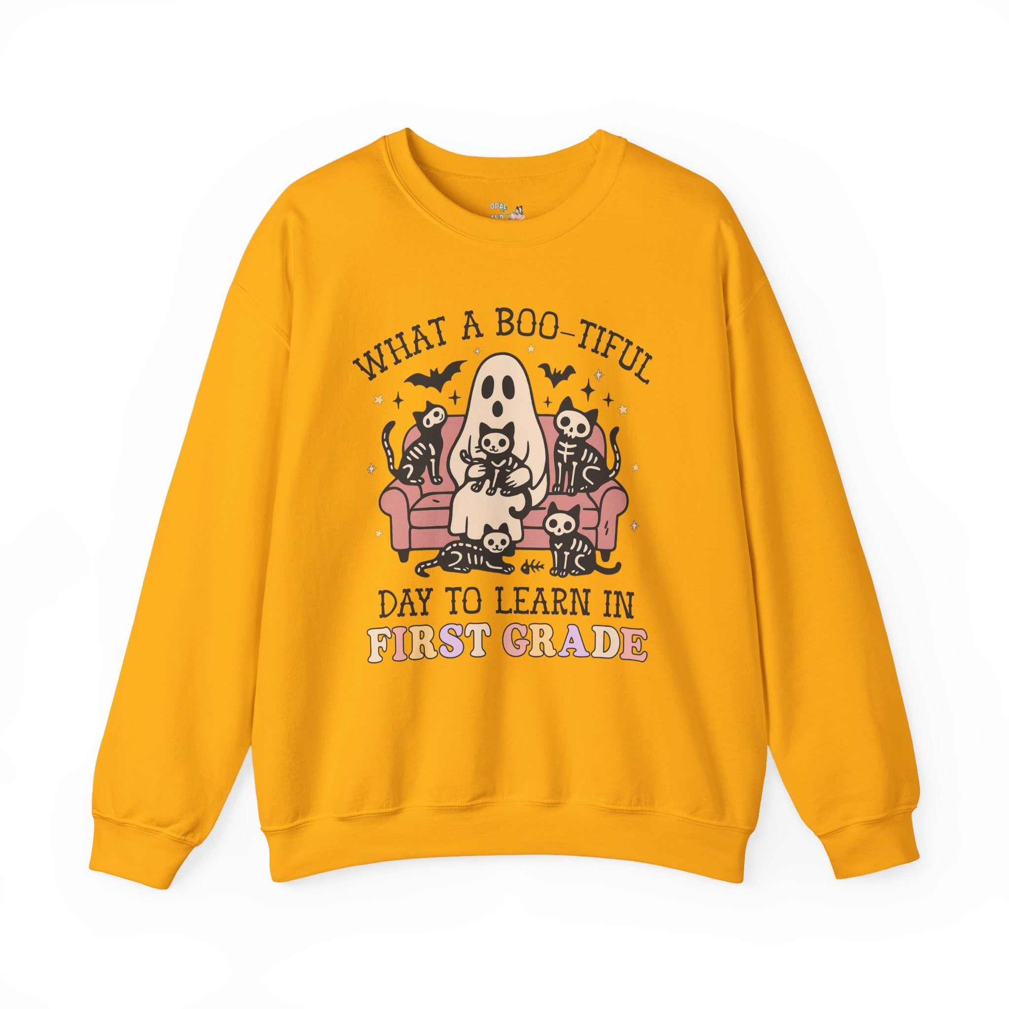 First Grade Halloween Teacher Sweatshirt, Cute Spooky Cats, Matching Teacher Shirt for Halloween, Nostalgic Halloween Funny Saying Shirt - Opal and June