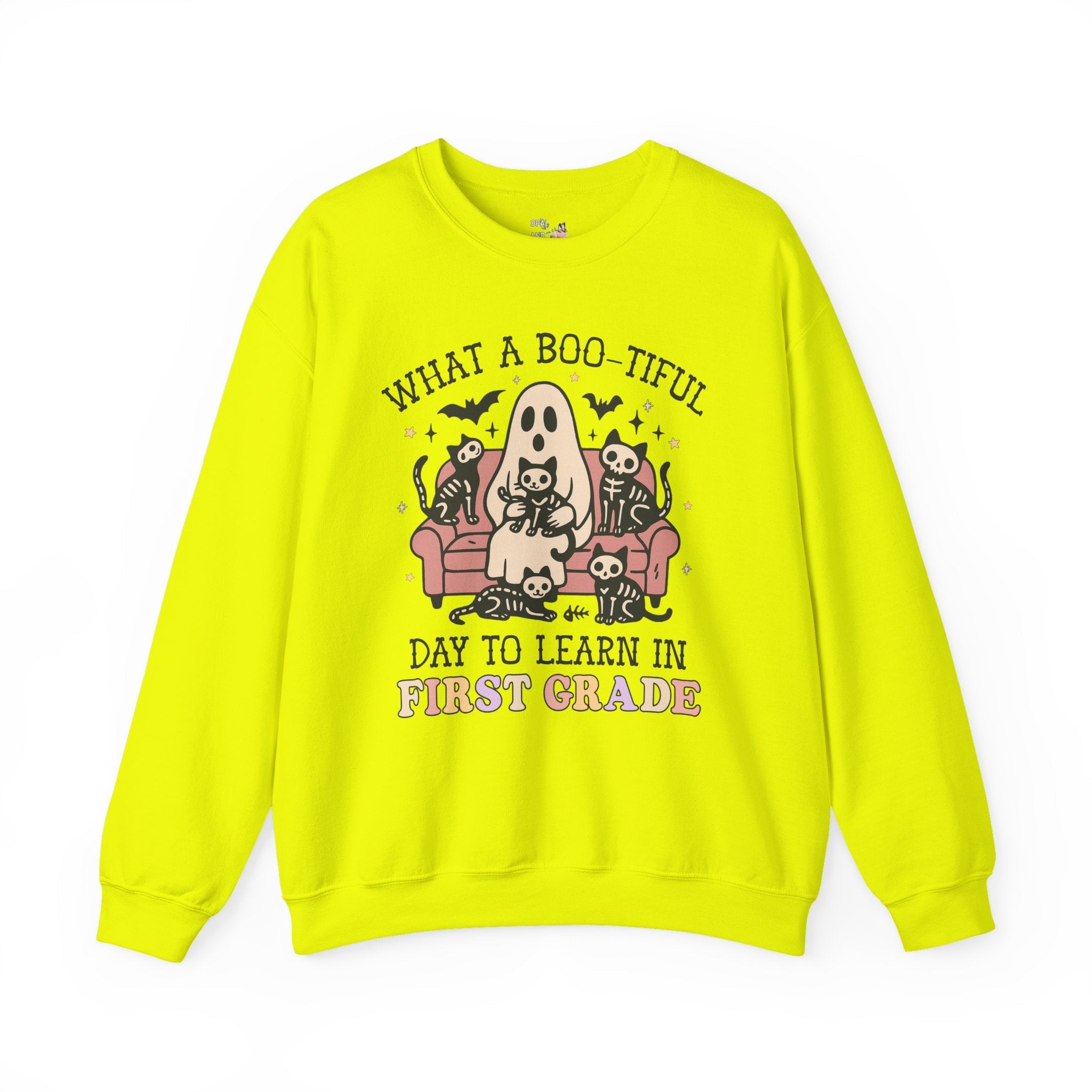 First Grade Halloween Teacher Sweatshirt, Cute Spooky Cats, Matching Teacher Shirt for Halloween, Nostalgic Halloween Funny Saying Shirt - Opal and June