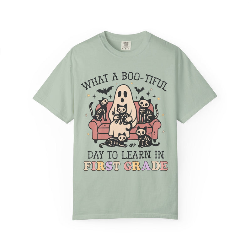 First Grade Halloween Teacher Tee Shirt, Cute Floral Ghost Holding Books, Silly Dreamcore Book Lover Tee for Spooky Season, 90s Throwback - Opal and June