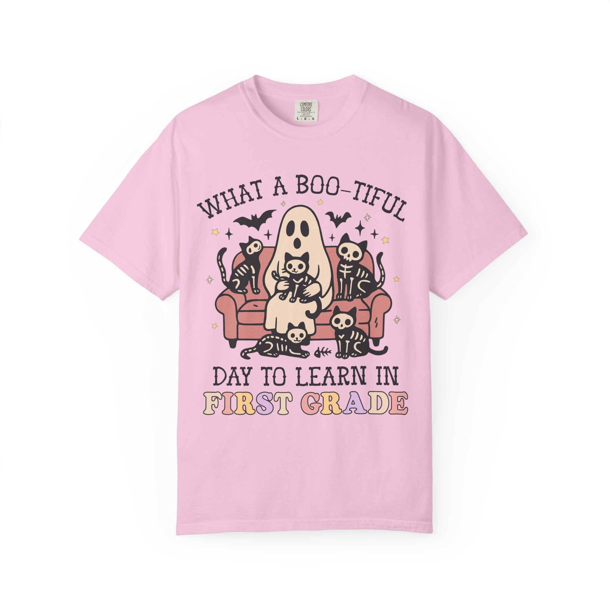 First Grade Halloween Teacher Tee Shirt, Cute Floral Ghost Holding Books, Silly Dreamcore Book Lover Tee for Spooky Season, 90s Throwback - Opal and June