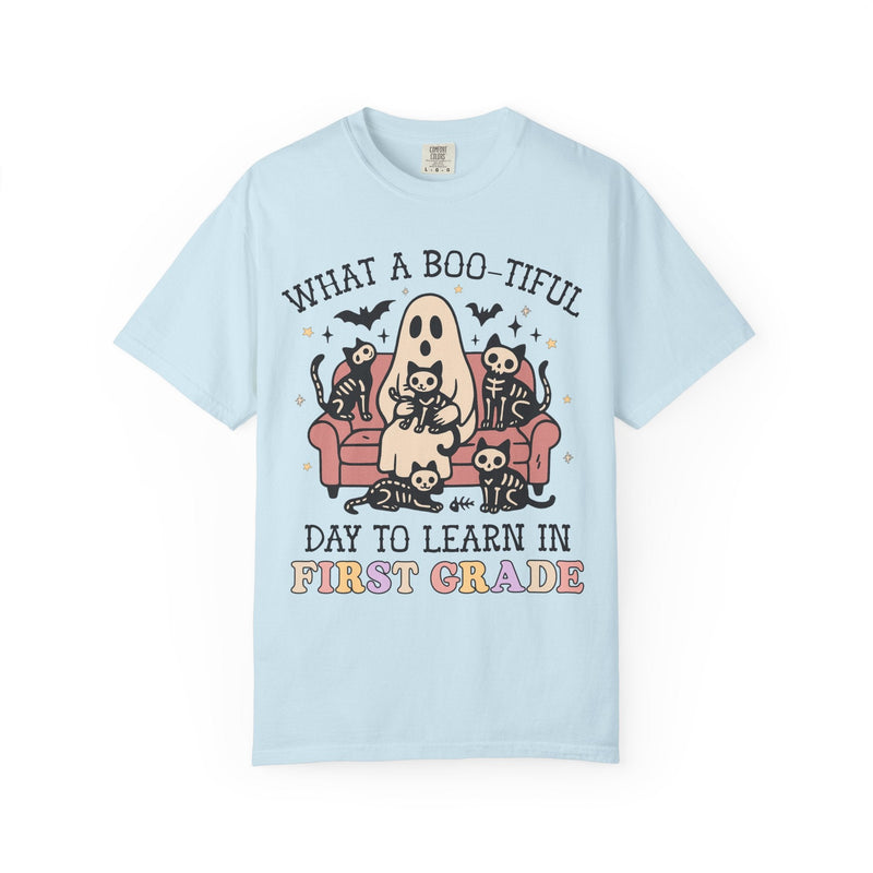 First Grade Halloween Teacher Tee Shirt, Cute Floral Ghost Holding Books, Silly Dreamcore Book Lover Tee for Spooky Season, 90s Throwback - Opal and June