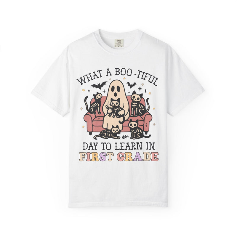 First Grade Halloween Teacher Tee Shirt, Cute Floral Ghost Holding Books, Silly Dreamcore Book Lover Tee for Spooky Season, 90s Throwback - Opal and June
