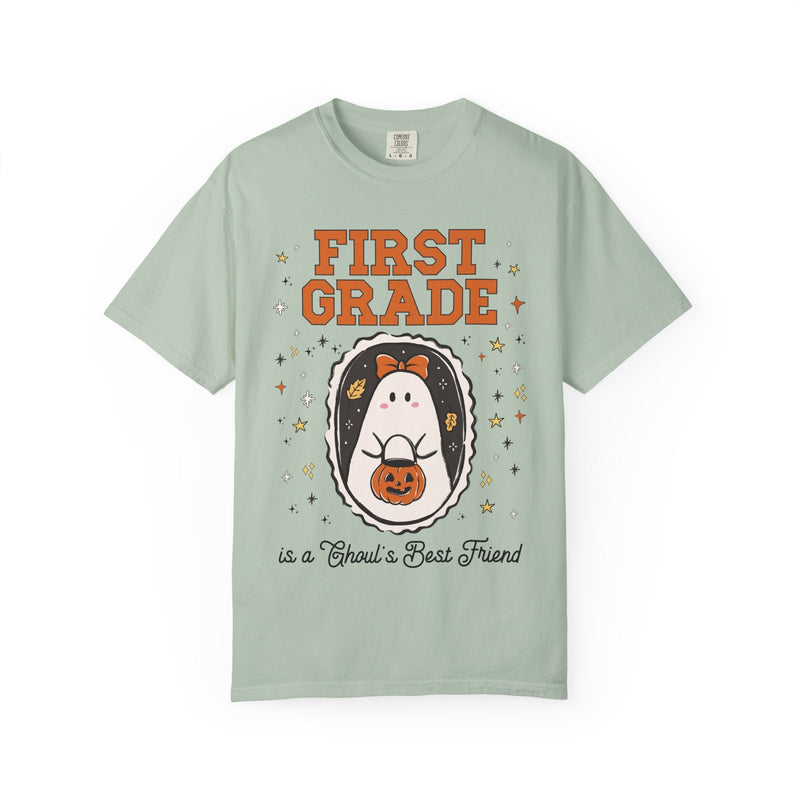 First Grade Halloween Teacher Tee Shirt with Stars, Cute Ghost Lover Tee for Fall, Matching First Grade Crew Halloween Tee, 90s Throwback - Opal and June
