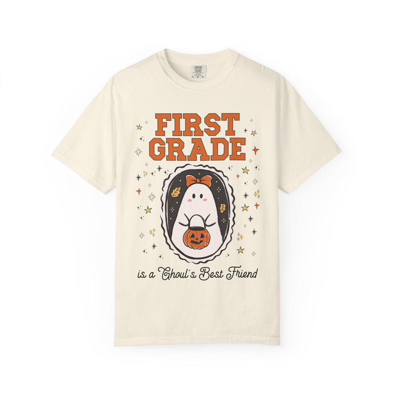 First Grade Halloween Teacher Tee Shirt with Stars, Cute Ghost Lover Tee for Fall, Matching First Grade Crew Halloween Tee, 90s Throwback - Opal and June