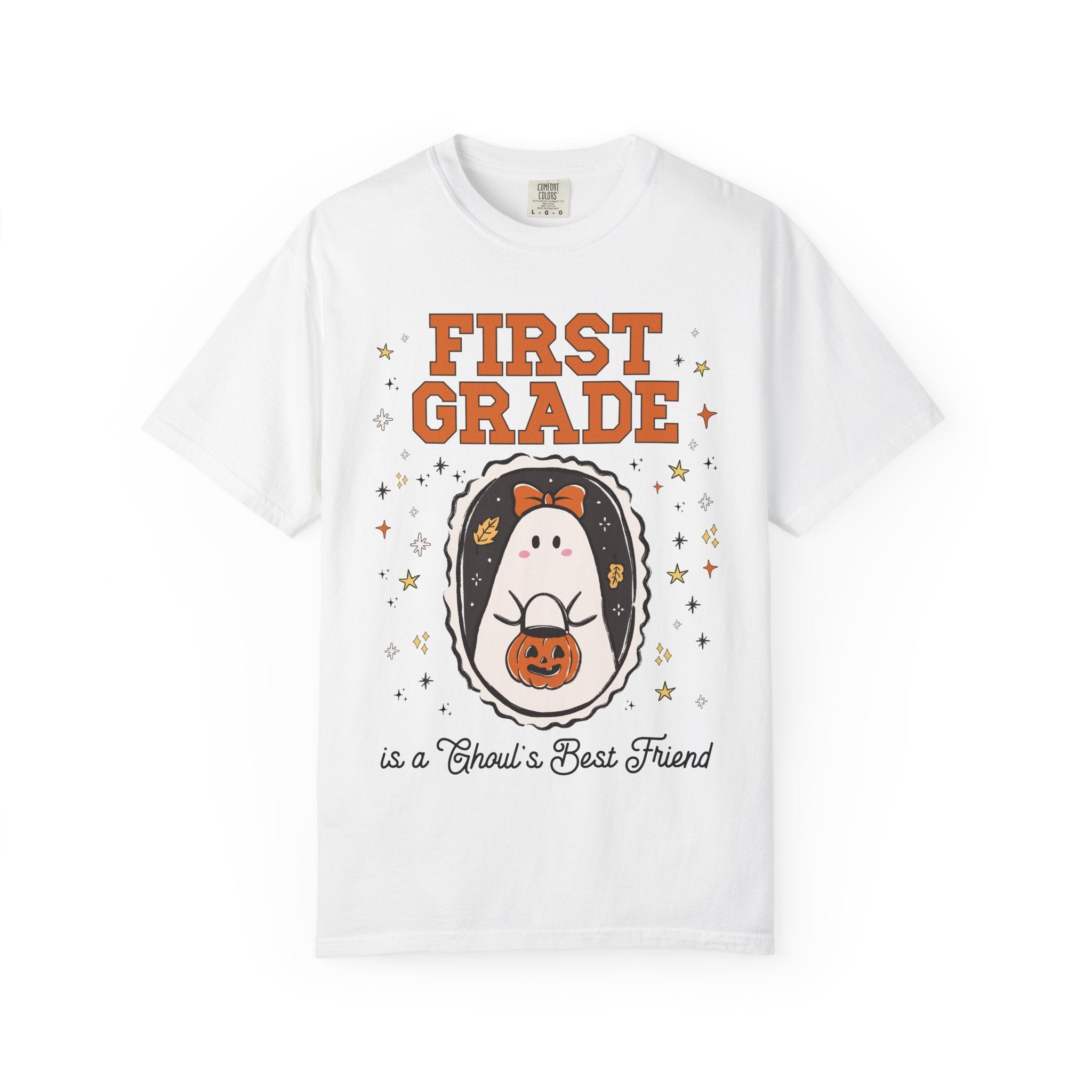 First Grade Halloween Teacher Tee Shirt with Stars, Cute Ghost Lover Tee for Fall, Matching First Grade Crew Halloween Tee, 90s Throwback - Opal and June