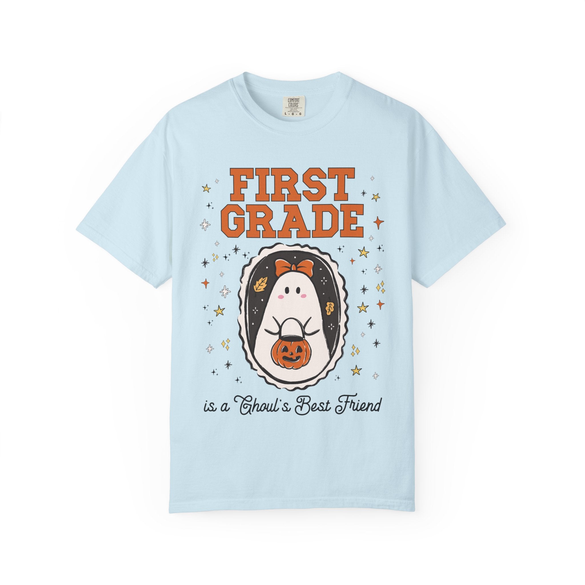 First Grade Halloween Teacher Tee Shirt with Stars, Cute Ghost Lover Tee for Fall, Matching First Grade Crew Halloween Tee, 90s Throwback - Opal and June