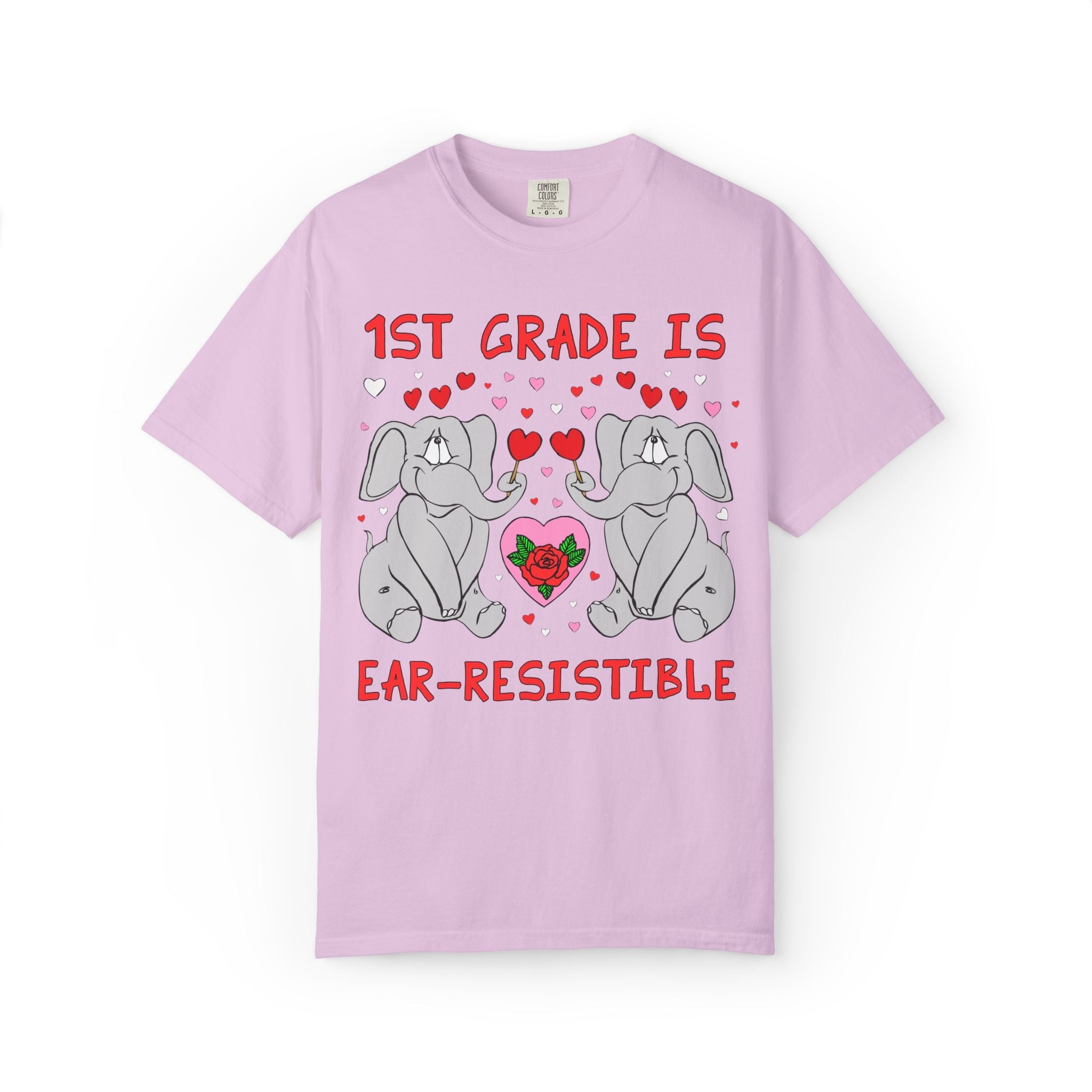 First Grade is Ear - Resistible! Valentine's Day Teacher Tee: Funny Animal Lover T-Shirt with Elephant and Hearts, Cute Matching Teacher Tee - Opal and June