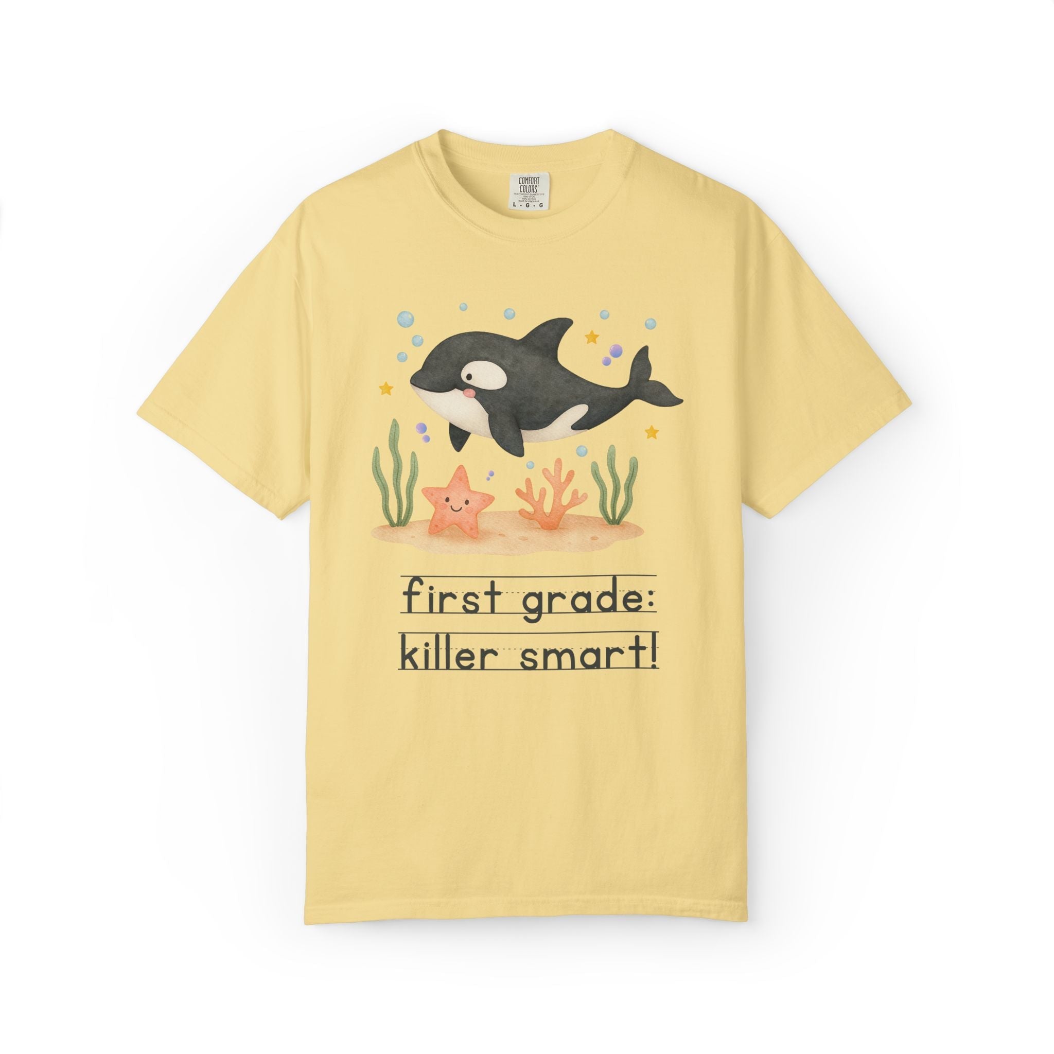 First Grade: Killer Smart Matching Teacher Tee Shirt for Back to School or Testing Day, Cute and Nostalgic Ocean Animal Orca Whale - Opal and June