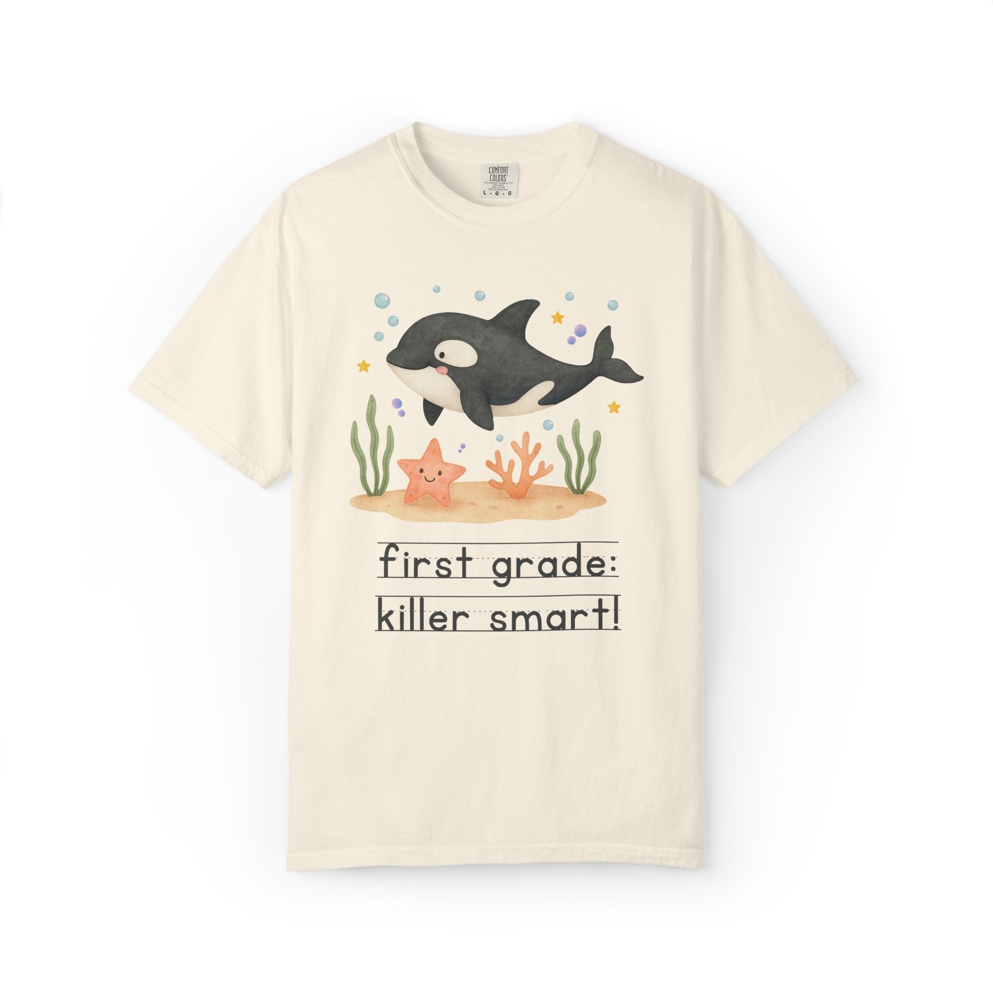 First Grade: Killer Smart Matching Teacher Tee Shirt for Back to School or Testing Day, Cute and Nostalgic Ocean Animal Orca Whale - Opal and June