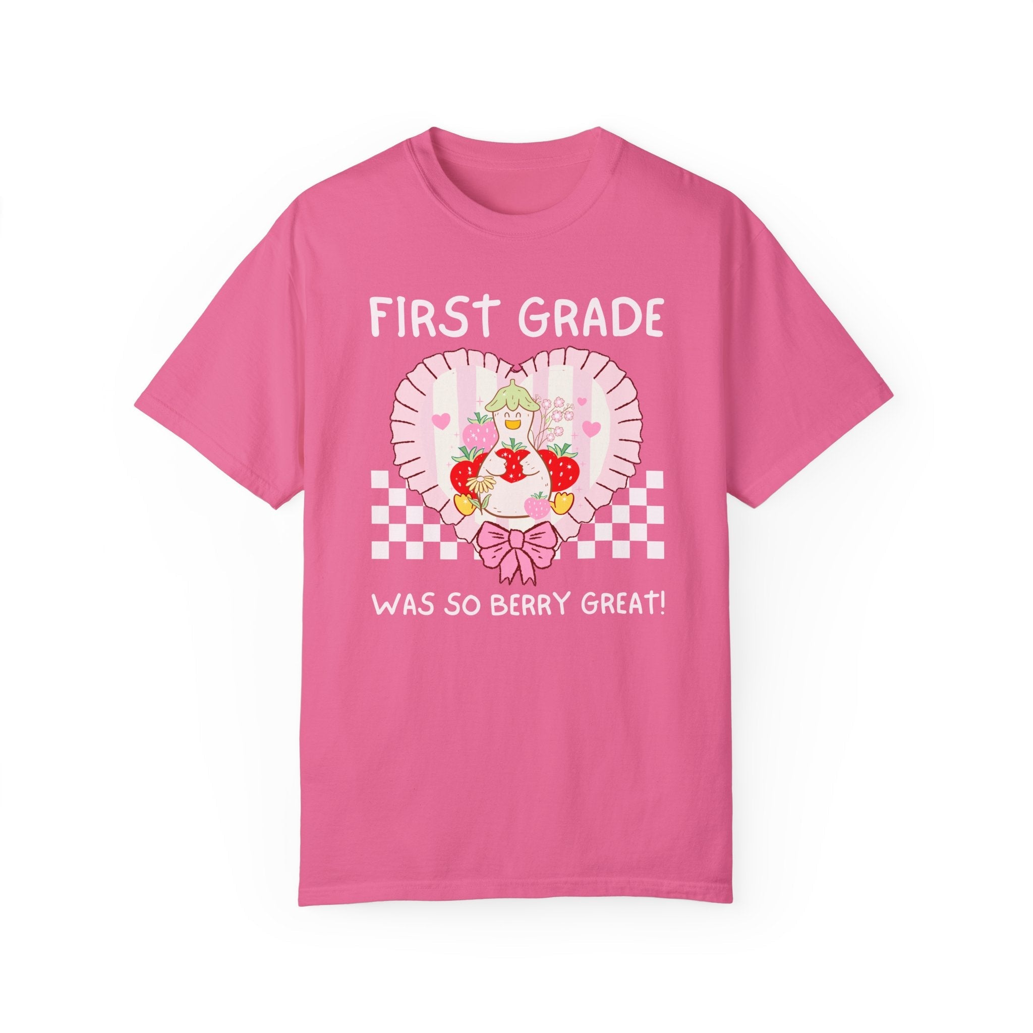 First Grade Last Day of School Teacher Tee Shirt with Silly Goose Holding Strawberries in a Heart, Cute Matching First Grade Crew T-Shirt - Opal and June