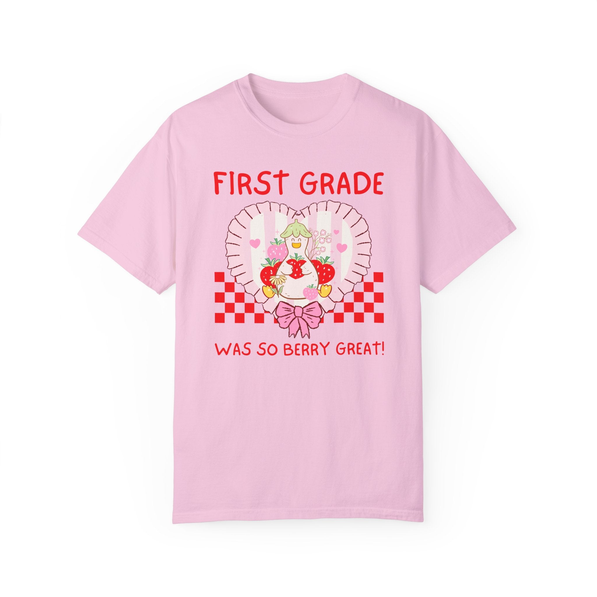 First Grade Last Day of School Teacher Tee Shirt with Silly Goose Holding Strawberries in a Heart, Cute Matching First Grade Crew T-Shirt - Opal and June