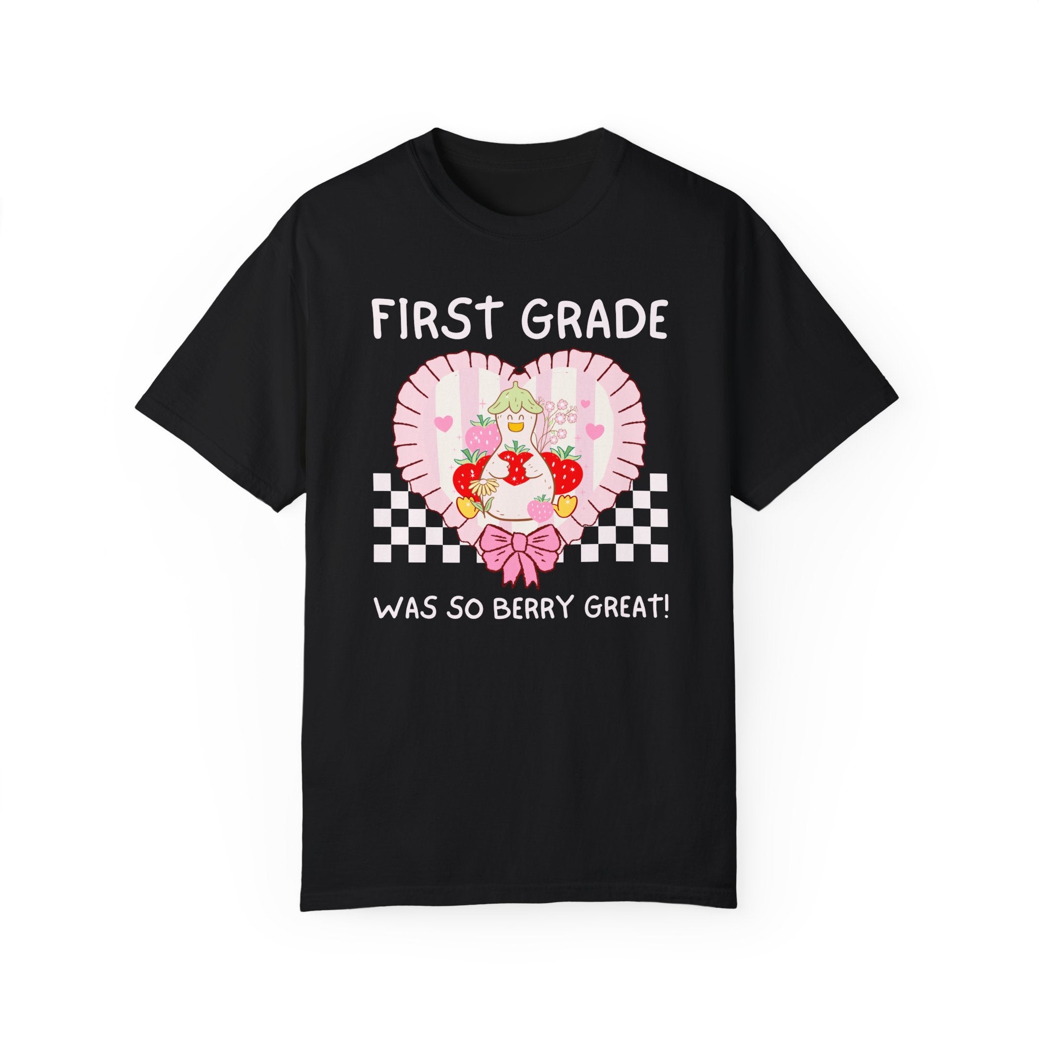 First Grade Last Day of School Teacher Tee Shirt with Silly Goose Holding Strawberries in a Heart, Cute Matching First Grade Crew T-Shirt - Opal and June